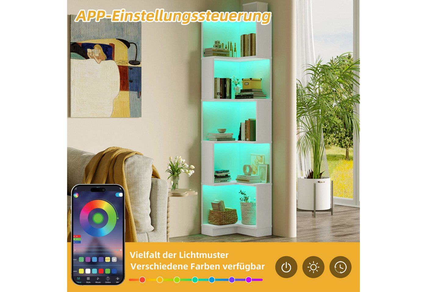 Flieks Bücherregal Standregal Eckregal mit LED-Beleuchtung und 6 Ebenen/5 Ebenen, B63,5/T45/H175 cm 1-tlg., Eckbücherregal mit 5 Fächer L-förmig Hochschrank Eckregal Weiß Bild 3