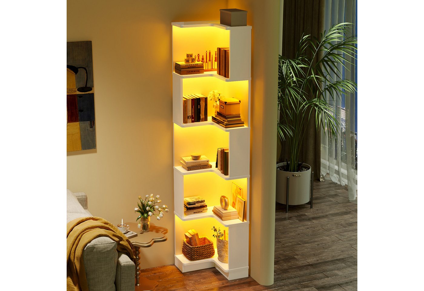 Flieks Bücherregal Standregal Eckregal mit LED-Beleuchtung und 6 Ebenen/5 Ebenen, B63,5/T45/H175 cm 1-tlg., Eckbücherregal mit 5 Fächer L-förmig Hochschrank Eckregal Weiß Bild 4