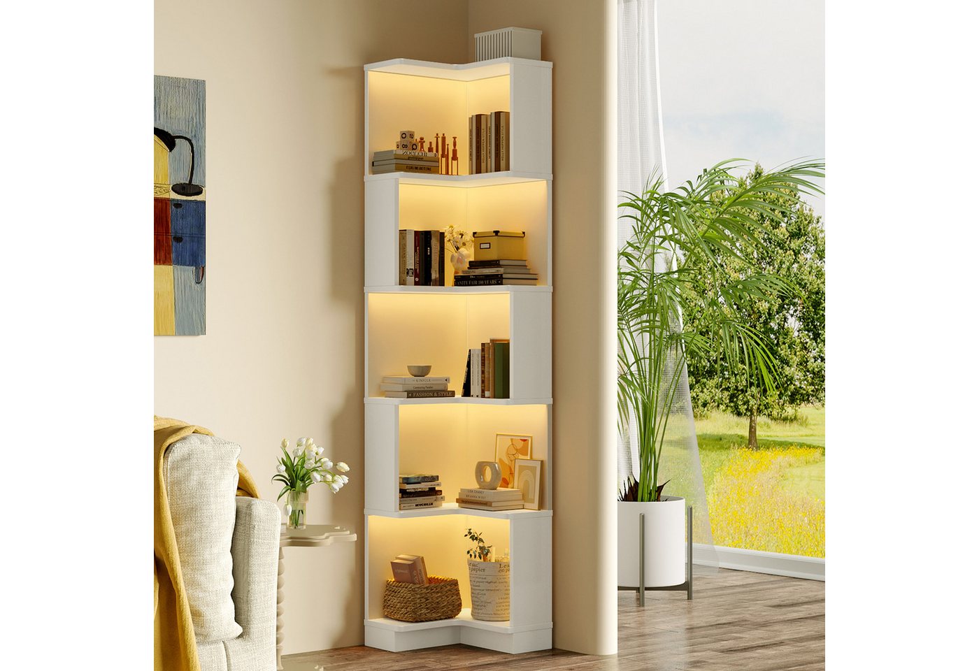 Flieks Bücherregal Standregal Eckregal mit LED-Beleuchtung und 6 Ebenen/5 Ebenen, B63,5/T45/H175 cm 1-tlg., Eckbücherregal mit 5 Fächer L-förmig Hochschrank Eckregal Weiß Bild 5