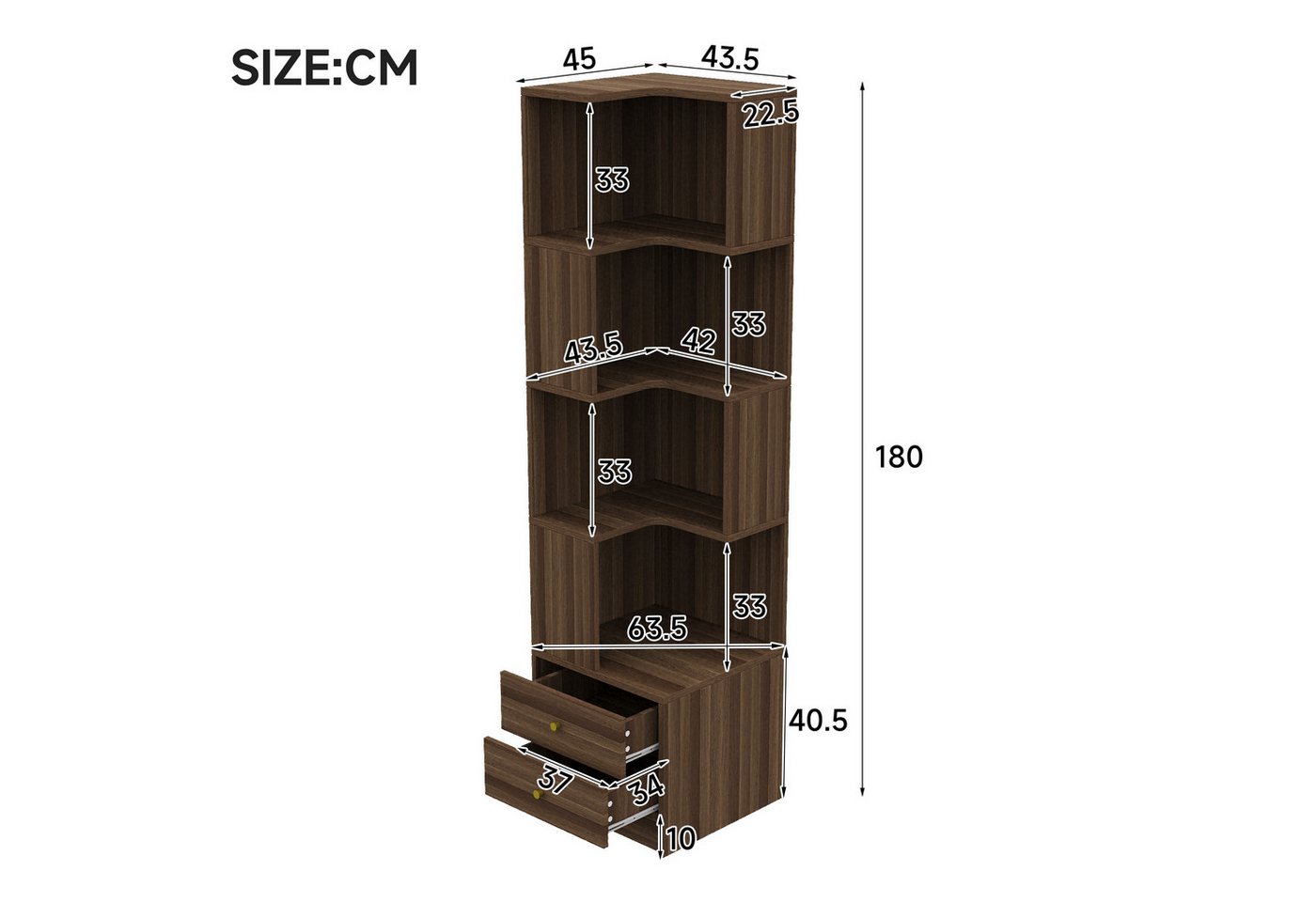 Flieks Bücherregal Standregal Eckregal mit LED-Beleuchtung und 6 Ebenen/5 Ebenen, B63,5/T45/H180 cm 1-tlg., Eckbücherregal mit 4 Fächer&2 Schubladen L-Form Hochschrank Nussbaum