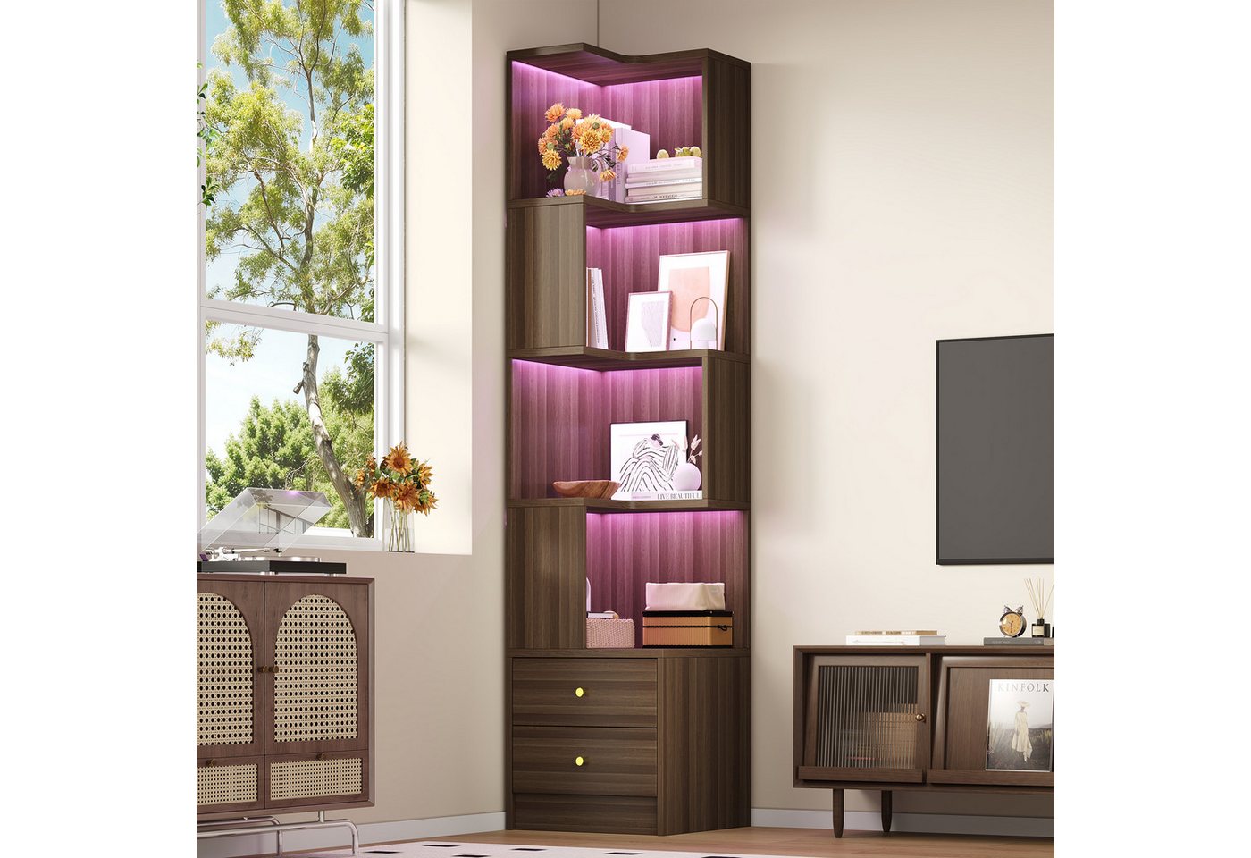Flieks Bücherregal Standregal Eckregal mit LED-Beleuchtung und 6 Ebenen/5 Ebenen, B63,5/T45/H180 cm 1-tlg., Eckbücherregal mit 4 Fächer&2 Schubladen L-Form Hochschrank Nussbaum Bild 2