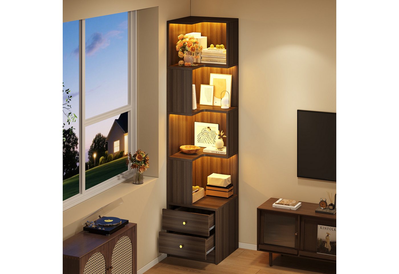 Flieks Bücherregal Standregal Eckregal mit LED-Beleuchtung und 6 Ebenen/5 Ebenen, B63,5/T45/H180 cm 1-tlg., Eckbücherregal mit 4 Fächer&2 Schubladen L-Form Hochschrank Nussbaum Bild 3