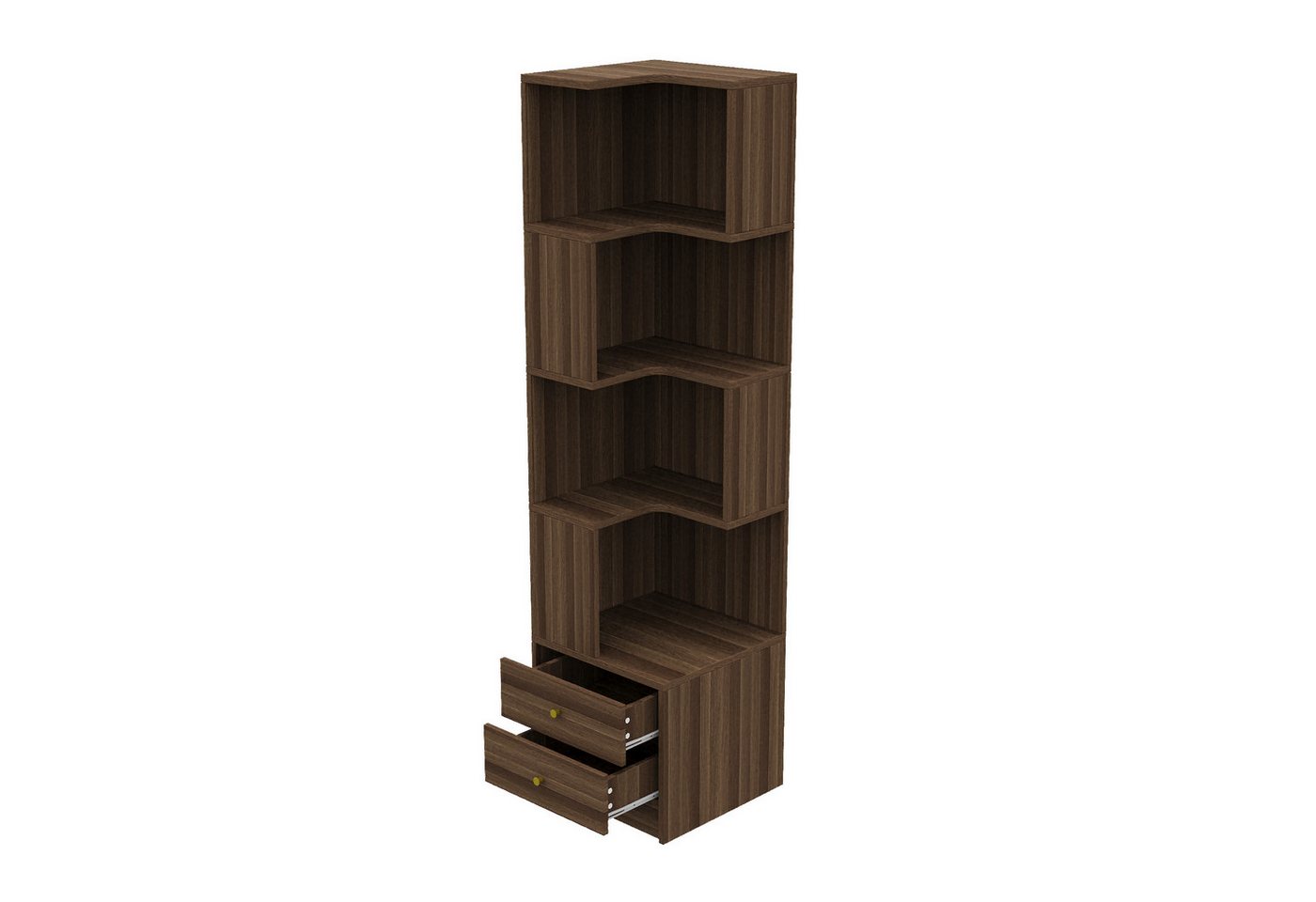 Flieks Bücherregal Standregal Eckregal mit LED-Beleuchtung und 6 Ebenen/5 Ebenen, B63,5/T45/H180 cm 1-tlg., Eckbücherregal mit 4 Fächer&2 Schubladen L-Form Hochschrank Nussbaum Bild 4