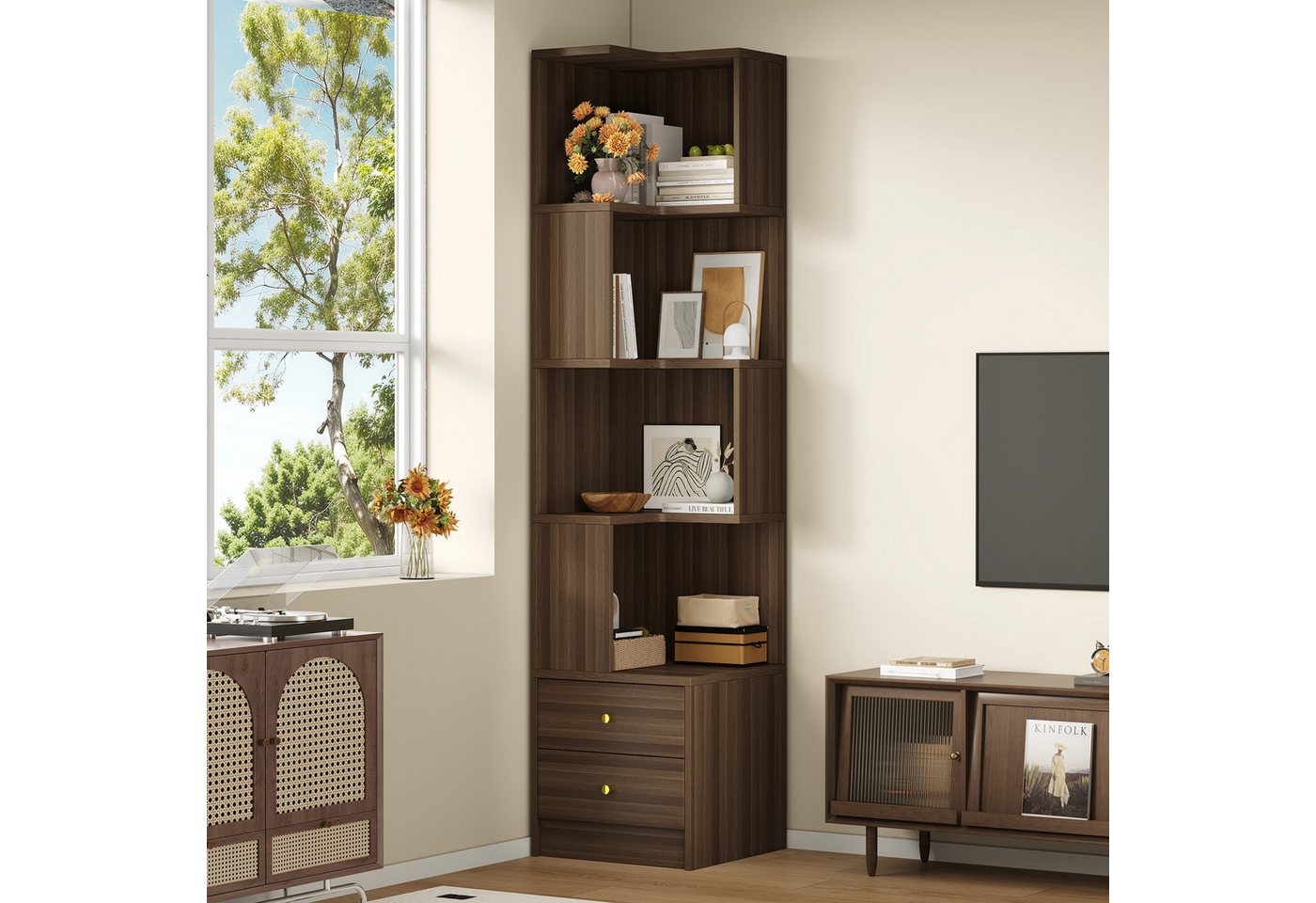Flieks Bücherregal Standregal Eckregal mit LED-Beleuchtung und 6 Ebenen/5 Ebenen, B63,5/T45/H180 cm 1-tlg., Eckbücherregal mit 4 Fächer&2 Schubladen L-Form Hochschrank Nussbaum Bild 5