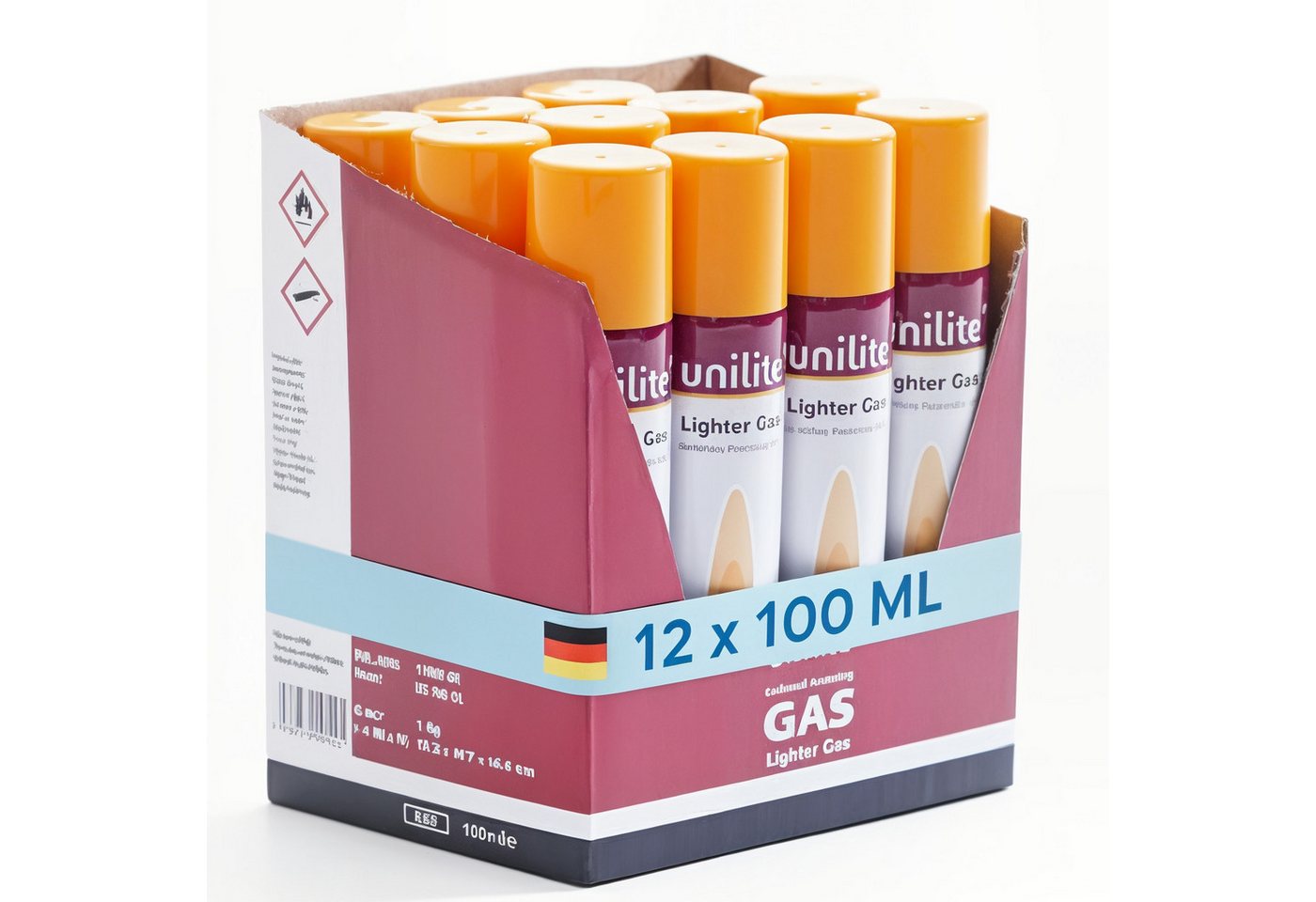 Unilite Gas Feuerzeuggas Kartusche 100ml Set mit 5 Adapter, für Feuerzeuge, Sturmfeuerzeuge, Flammbierbrenner, Gasbrenner Bild 2