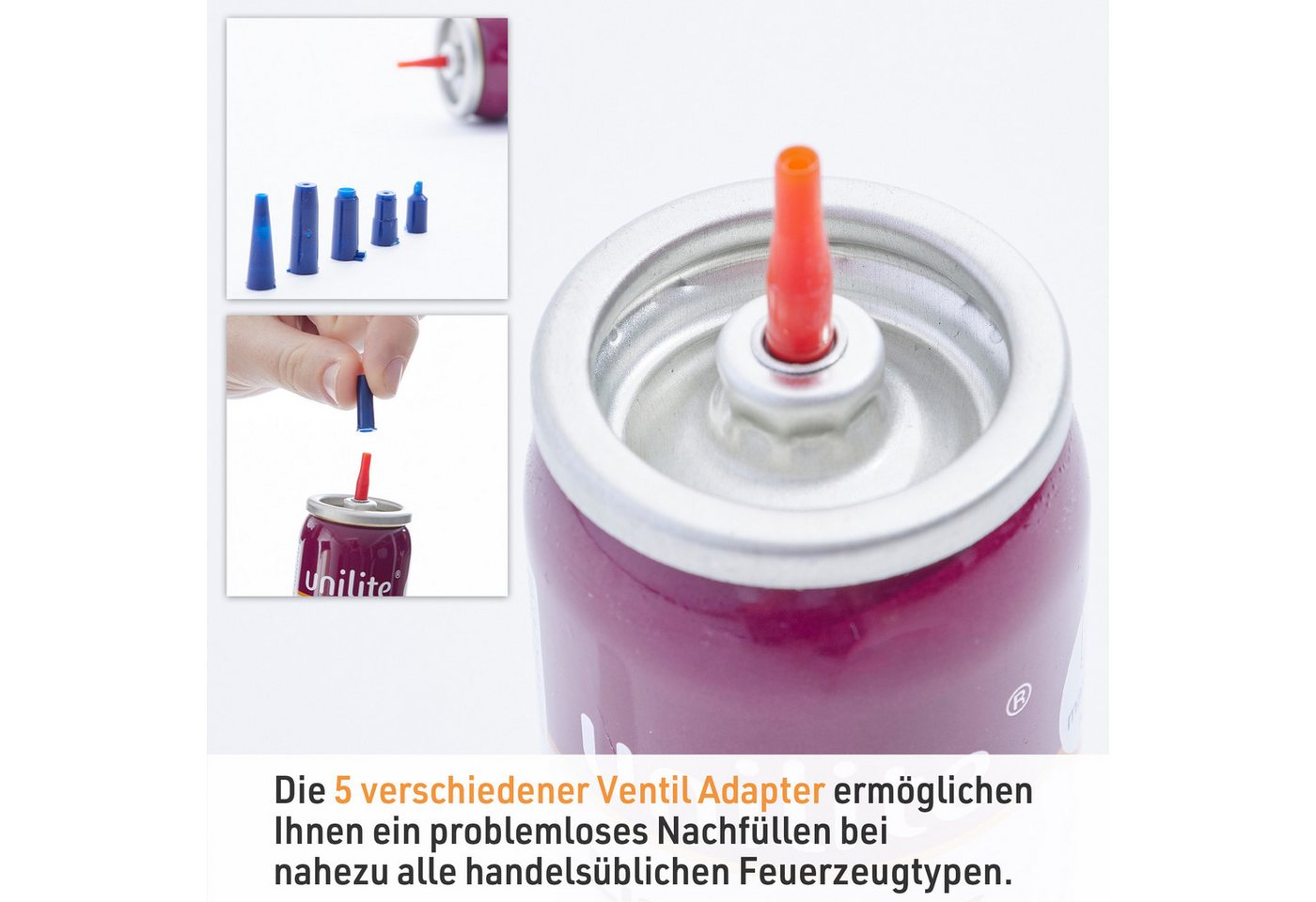 Unilite Gas Feuerzeuggas Kartusche 100ml Set mit 5 Adapter, für Feuerzeuge, Sturmfeuerzeuge, Flammbierbrenner, Gasbrenner Bild 3
