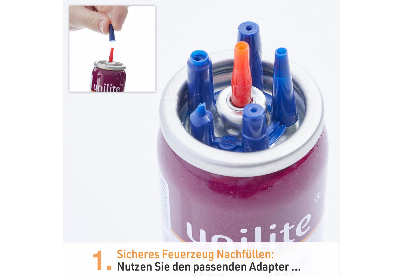 Unilite Gas Feuerzeuggas Kartusche 100ml Set mit 5 Adapter, für Feuerzeuge, Sturmfeuerzeuge, Flammbierbrenner, Gasbrenner Bild 4