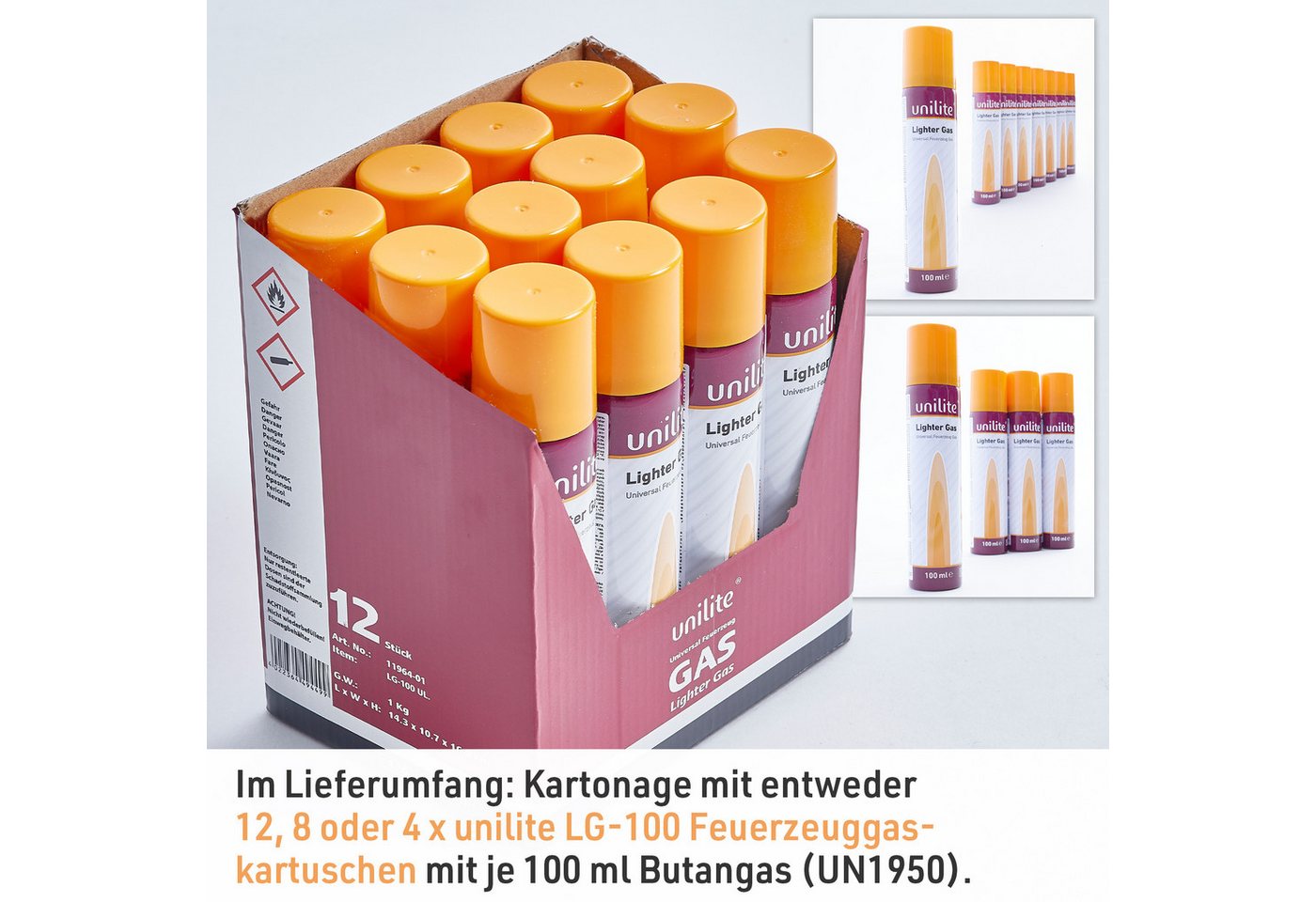 Unilite Gas Feuerzeuggas Kartusche 100ml Set mit 5 Adapter, für Feuerzeuge, Sturmfeuerzeuge, Flammbierbrenner, Gasbrenner Bild 5