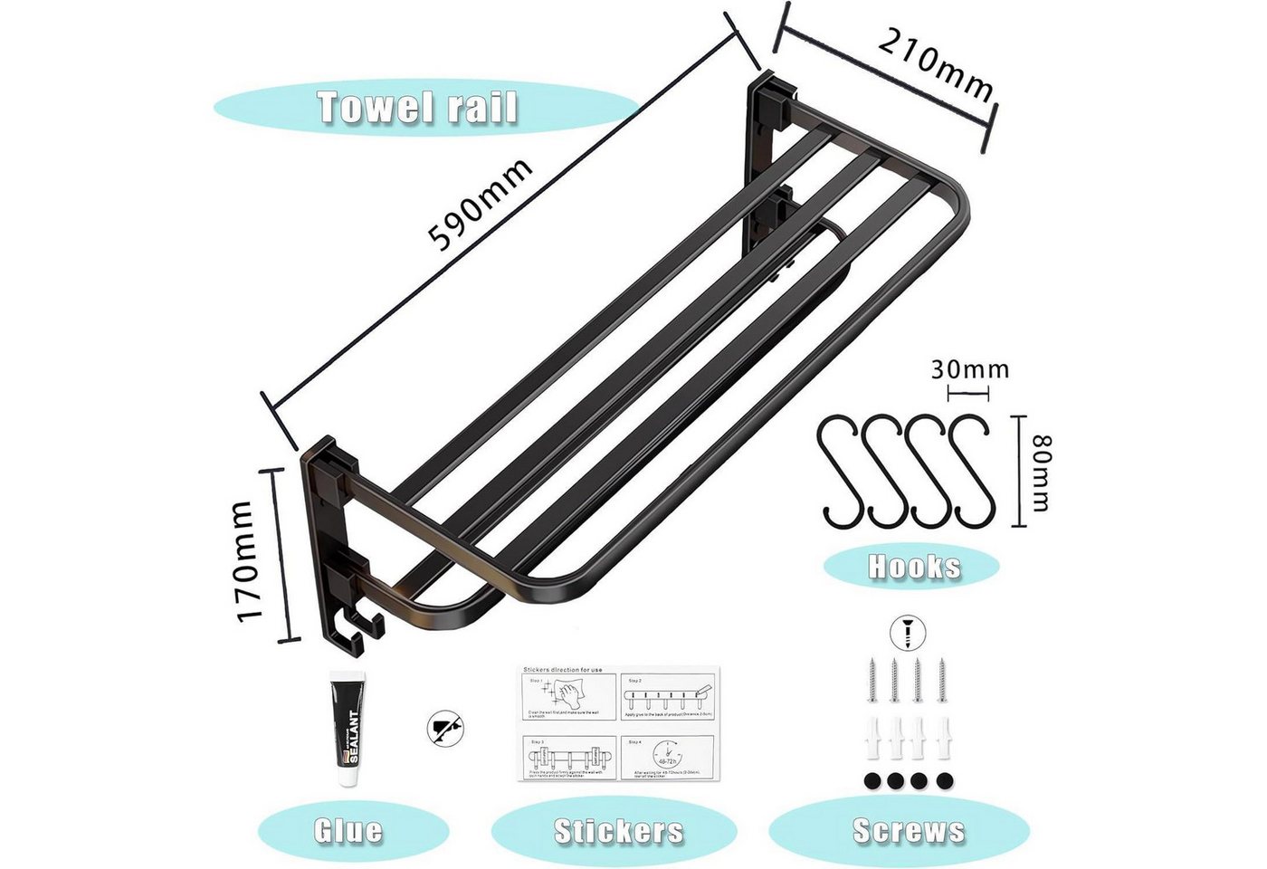 LuxusKollektion Handtuchstange Handtuchhalter ohne Bohren klappbar doppelt 60cm 4 Schwarz 700.0 Gramm