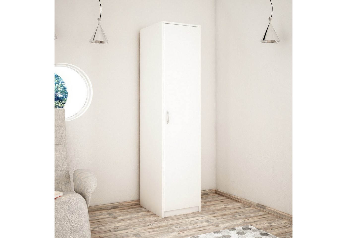 Home Collective Garderobenschrank Kleiderschrank mit 1 Tür, 1 Kleiderstange und 2 Einlegeböden 45 cm breit Schrank schmal matte Oberfläche weiß