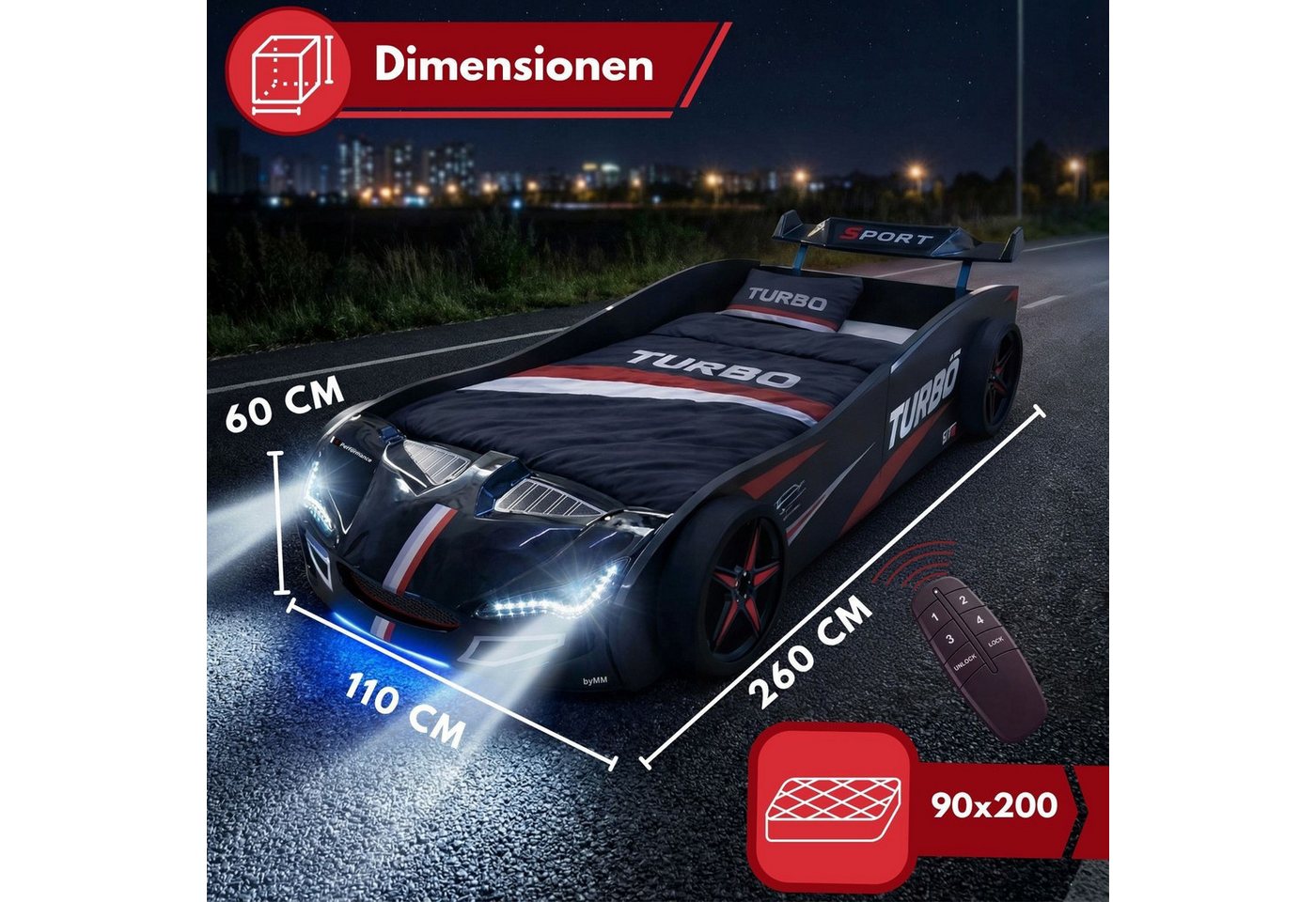 Coemo Autobett GTE (1-tlg., Komplett-Set Bett und Lattenrost), Schwarz Autobett Rennwagen GTE mit Lattenrost Licht Motorgeräusche