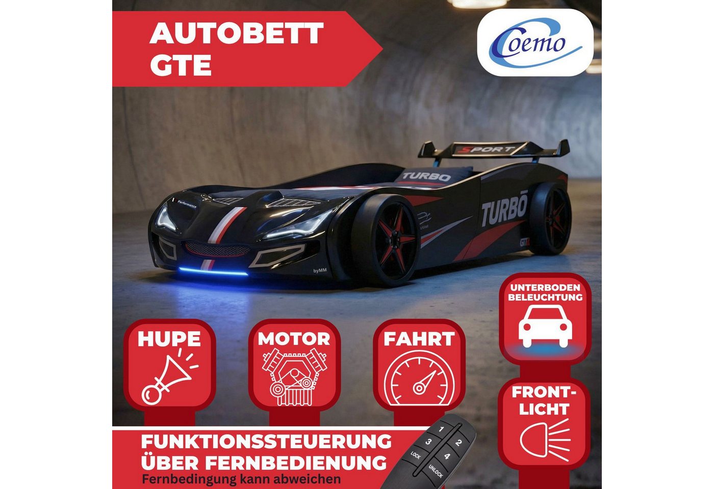 Coemo Autobett GTE (1-tlg., Komplett-Set Bett und Lattenrost), Schwarz Autobett Rennwagen GTE mit Lattenrost Licht Motorgeräusche Bild 2