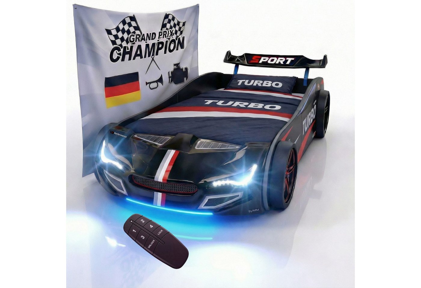 Coemo Autobett GTE (1-tlg., Komplett-Set Bett und Lattenrost), Schwarz Autobett Rennwagen GTE mit Lattenrost Licht Motorgeräusche Bild 3