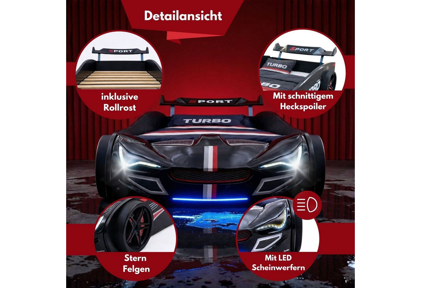 Coemo Autobett GTE (1-tlg., Komplett-Set Bett und Lattenrost), Schwarz Autobett Rennwagen GTE mit Lattenrost Licht Motorgeräusche Bild 4