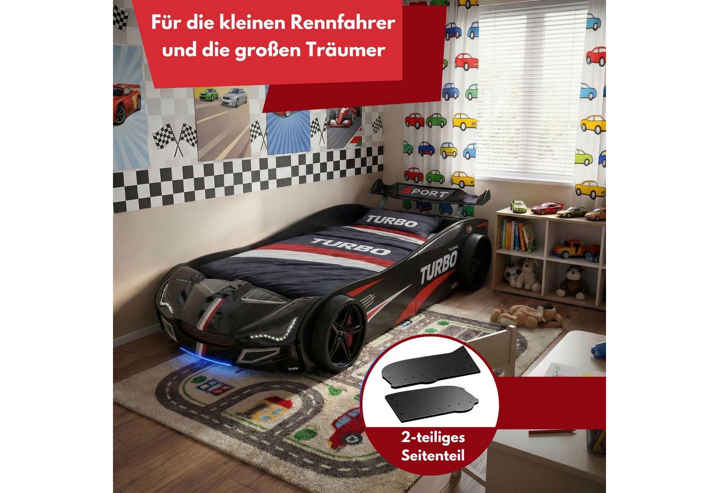 Coemo Autobett GTE (1-tlg., Komplett-Set Bett und Lattenrost), Schwarz Autobett Rennwagen GTE mit Lattenrost Licht Motorgeräusche Bild 5