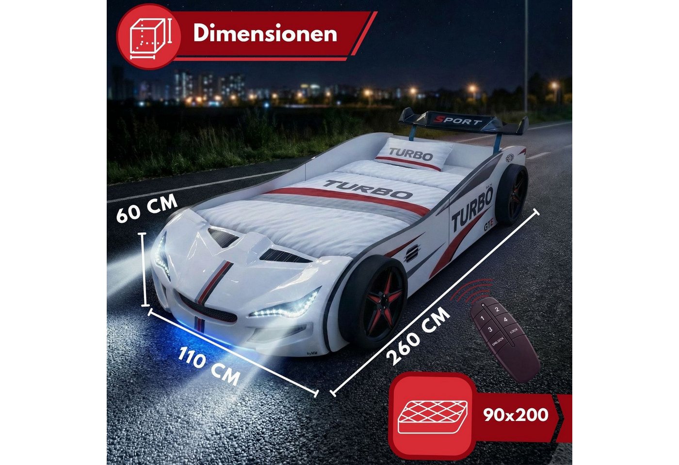 Coemo Autobett GTE (1-tlg., Komplett-Set Bett und Lattenrost), Weiß Autobett Rennwagen GTE mit Lattenrost Beleuchtung Motorgeräusche