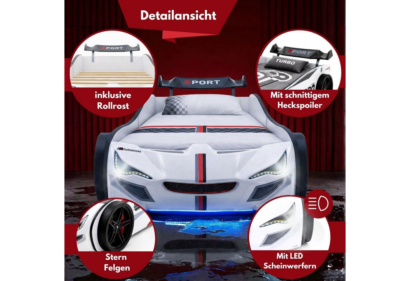 Coemo Autobett GTE (1-tlg., Komplett-Set Bett und Lattenrost), Weiß Autobett Rennwagen GTE mit Lattenrost Beleuchtung Motorgeräusche Bild 2