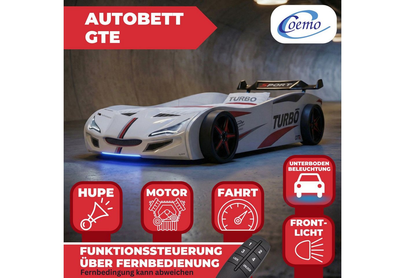 Coemo Autobett GTE (1-tlg., Komplett-Set Bett und Lattenrost), Weiß Autobett Rennwagen GTE mit Lattenrost Beleuchtung Motorgeräusche Bild 3