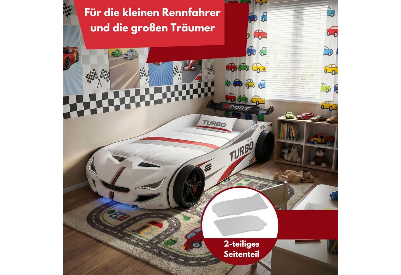 Coemo Autobett GTE (1-tlg., Komplett-Set Bett und Lattenrost), Weiß Autobett Rennwagen GTE mit Lattenrost Beleuchtung Motorgeräusche Bild 4