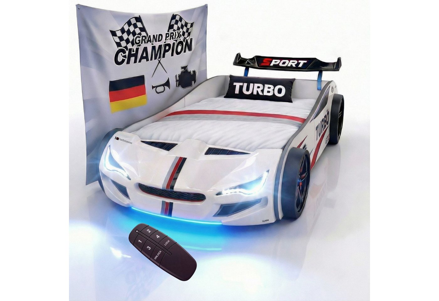 Coemo Autobett GTE (1-tlg., Komplett-Set Bett und Lattenrost), Weiß Autobett Rennwagen GTE mit Lattenrost Beleuchtung Motorgeräusche Bild 5