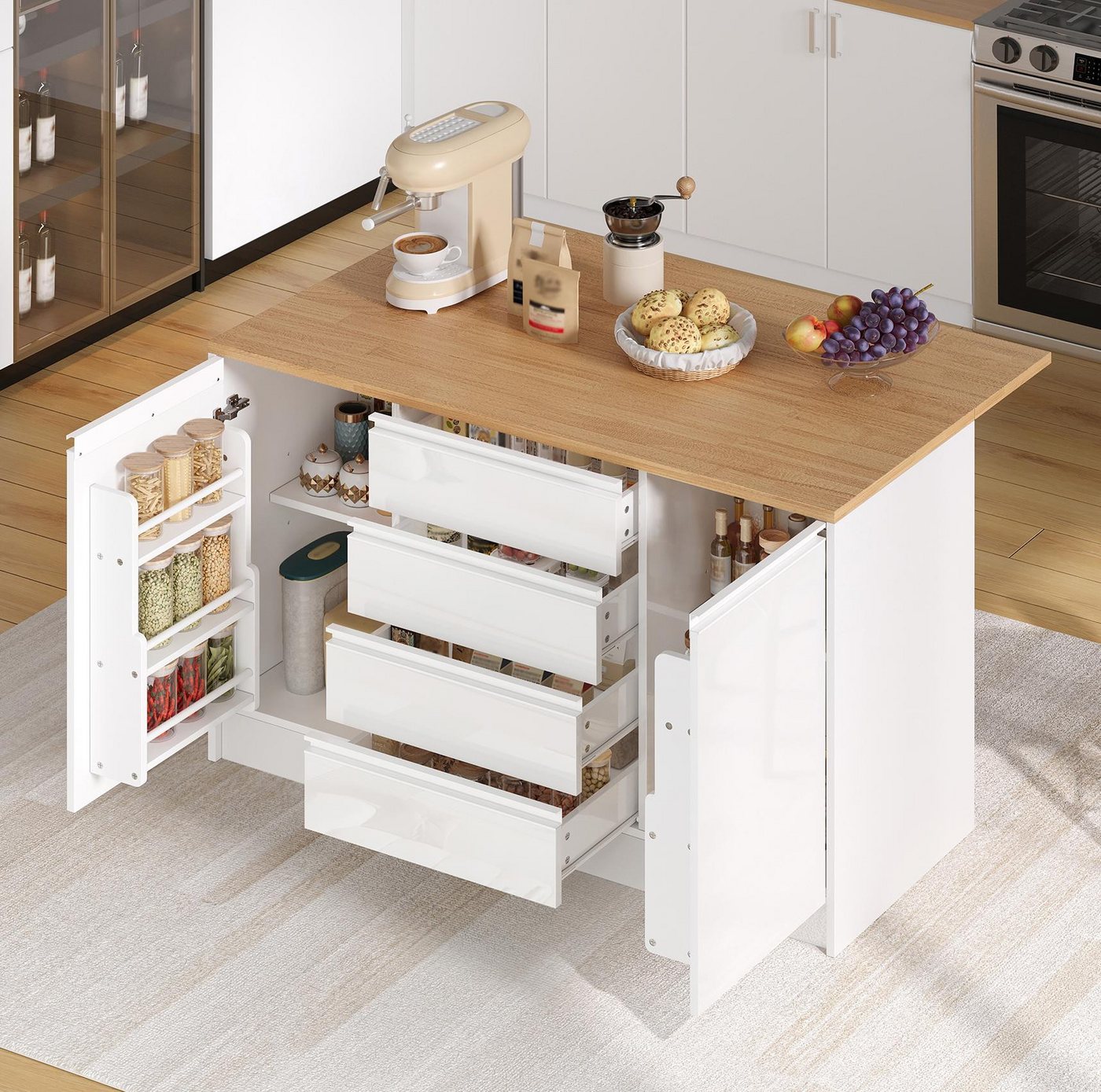 Flieks Kücheninsel mit klappbarer Arbeitsplatte in Holzoptik, 4 Schubladen und Türablagen, (mit verstellbarer Einlegeböden und verdeckter Aluminiumgriffe), Multifunktional Küchenschrank Mehrzweckschrank Hochglanz Weiß