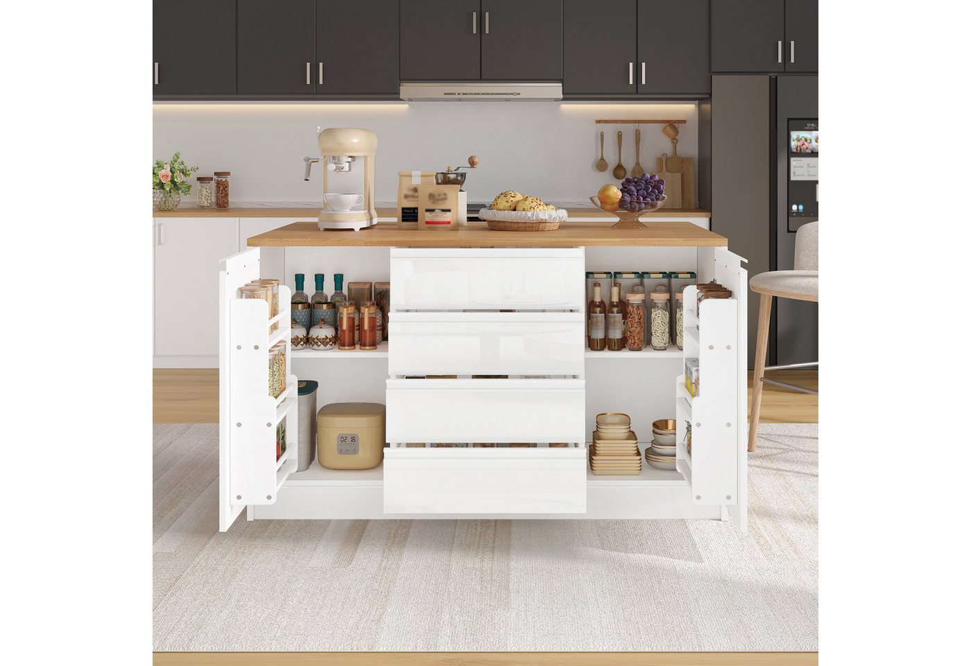 Flieks Kücheninsel mit klappbarer Arbeitsplatte in Holzoptik, 4 Schubladen und Türablagen, (mit verstellbarer Einlegeböden und verdeckter Aluminiumgriffe), Multifunktional Küchenschrank Mehrzweckschrank Hochglanz Weiß Bild 2