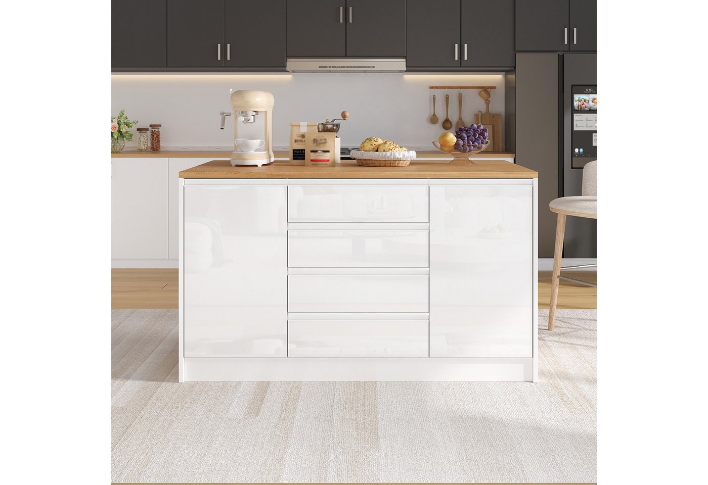 Flieks Kücheninsel mit klappbarer Arbeitsplatte in Holzoptik, 4 Schubladen und Türablagen, (mit verstellbarer Einlegeböden und verdeckter Aluminiumgriffe), Multifunktional Küchenschrank Mehrzweckschrank Hochglanz Weiß Bild 3
