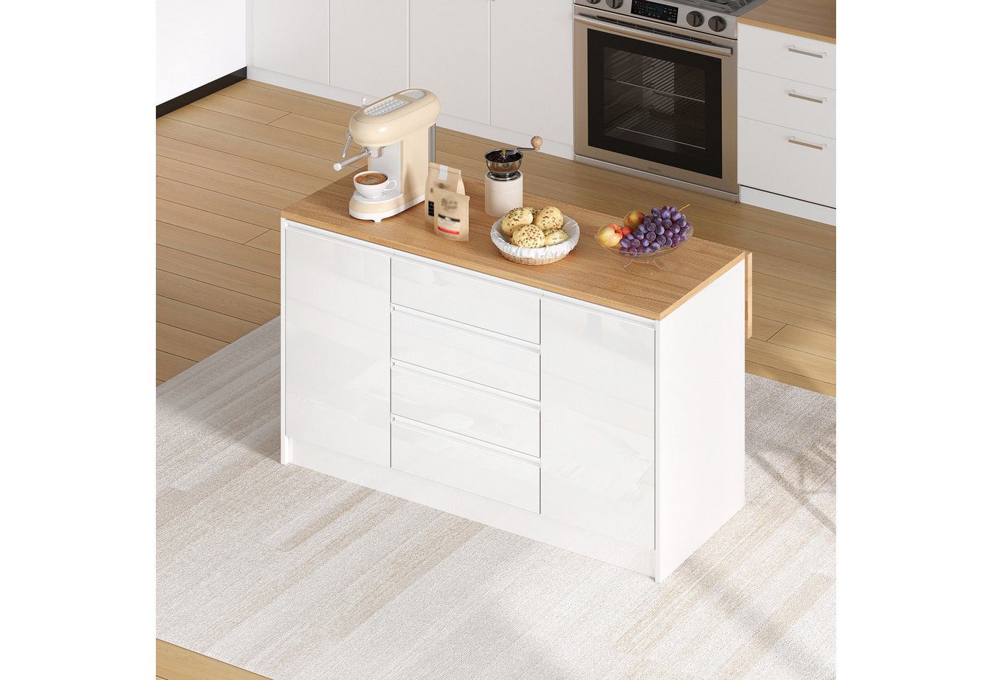 Flieks Kücheninsel mit klappbarer Arbeitsplatte in Holzoptik, 4 Schubladen und Türablagen, (mit verstellbarer Einlegeböden und verdeckter Aluminiumgriffe), Multifunktional Küchenschrank Mehrzweckschrank Hochglanz Weiß Bild 4