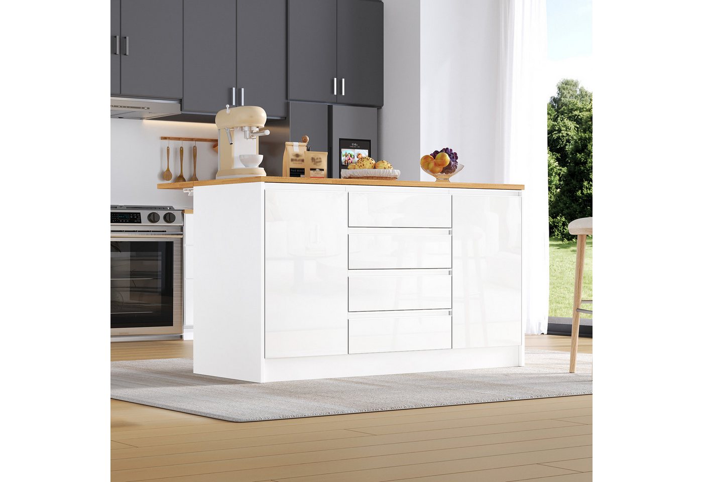Flieks Kücheninsel mit klappbarer Arbeitsplatte in Holzoptik, 4 Schubladen und Türablagen, (mit verstellbarer Einlegeböden und verdeckter Aluminiumgriffe), Multifunktional Küchenschrank Mehrzweckschrank Hochglanz Weiß Bild 5