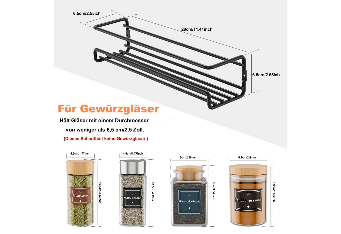 Diwzbyn Gewürzregal 2er-Set Hängender Metall-Gewürzhalter – Selbstklebend & Schraubbar, 2-tlg., für Gewürzgläser & Küchenschrank Bild 2