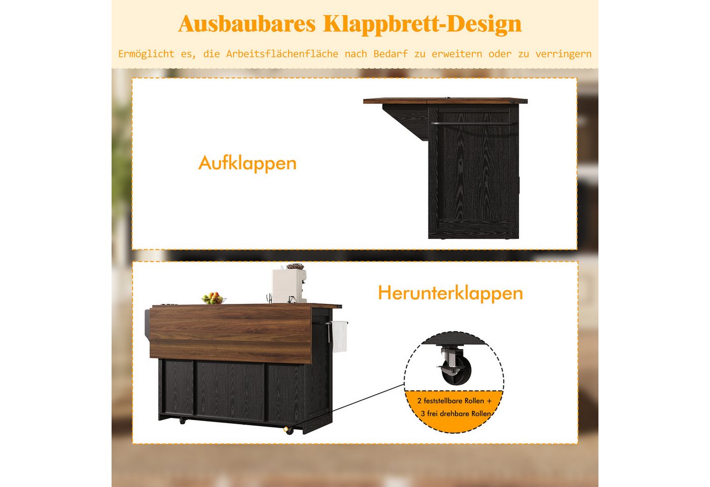 Celya Kücheninsel Kücheninselwagen mit ausziehbarer Arbeitsplatte, (mit Stromanschluss, 91cm Arbeitshöhe), ideal für den täglichen Einsatz in Küche oder Essbereich Bild 2