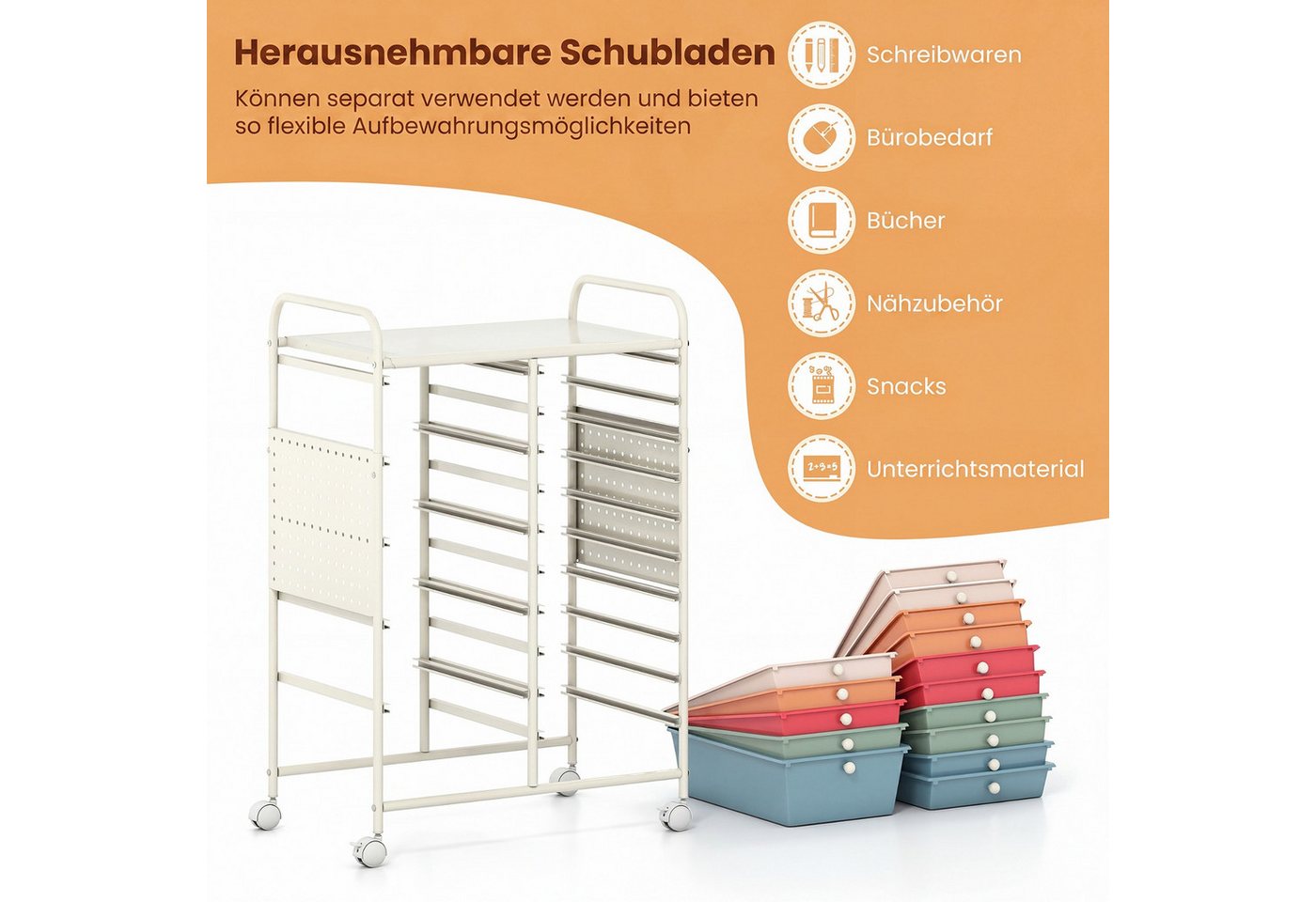 COSTWAY Rollcontainer, Rollwagen auf Rollen mit 15 Schubladen & Arbeitsplatte Bild 2