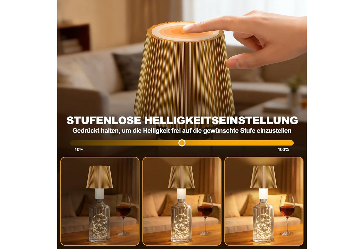 LaCute LED Dekoobjekt LED Flaschenlampe Akku Lichterkette USB-C Touch Dimmbar Gold, LED fest integriert, Kaltweiß (6000 K), Warmweiß (3000 K), Neutralweiß (4500 K), 3 Lichtfarben, dimmbar, USB-C Akku, 40 LEDs, Touchsteuerung