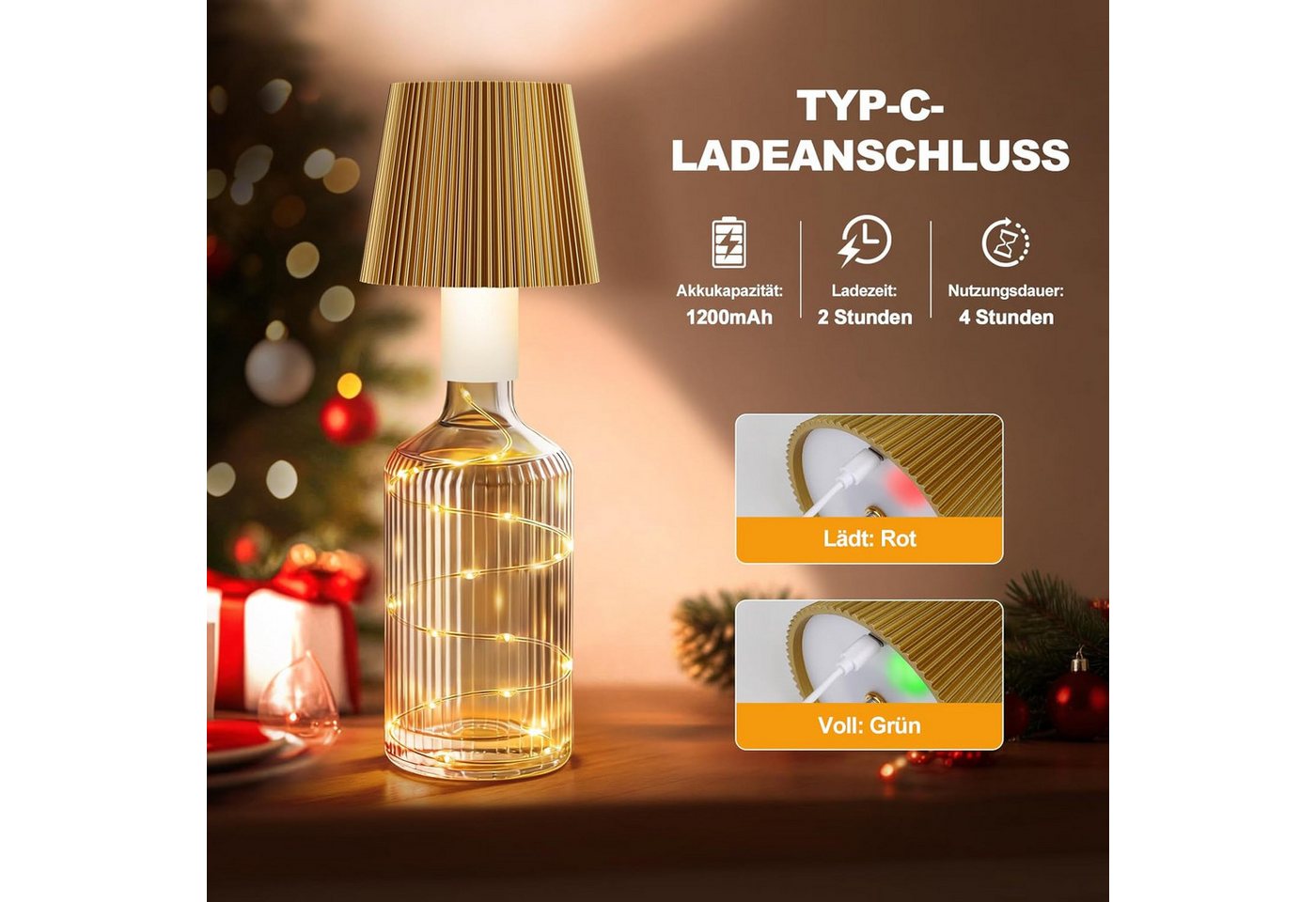LaCute LED Dekoobjekt LED Flaschenlampe Akku Lichterkette USB-C Touch Dimmbar Gold, LED fest integriert, Kaltweiß (6000 K), Warmweiß (3000 K), Neutralweiß (4500 K), 3 Lichtfarben, dimmbar, USB-C Akku, 40 LEDs, Touchsteuerung Bild 2
