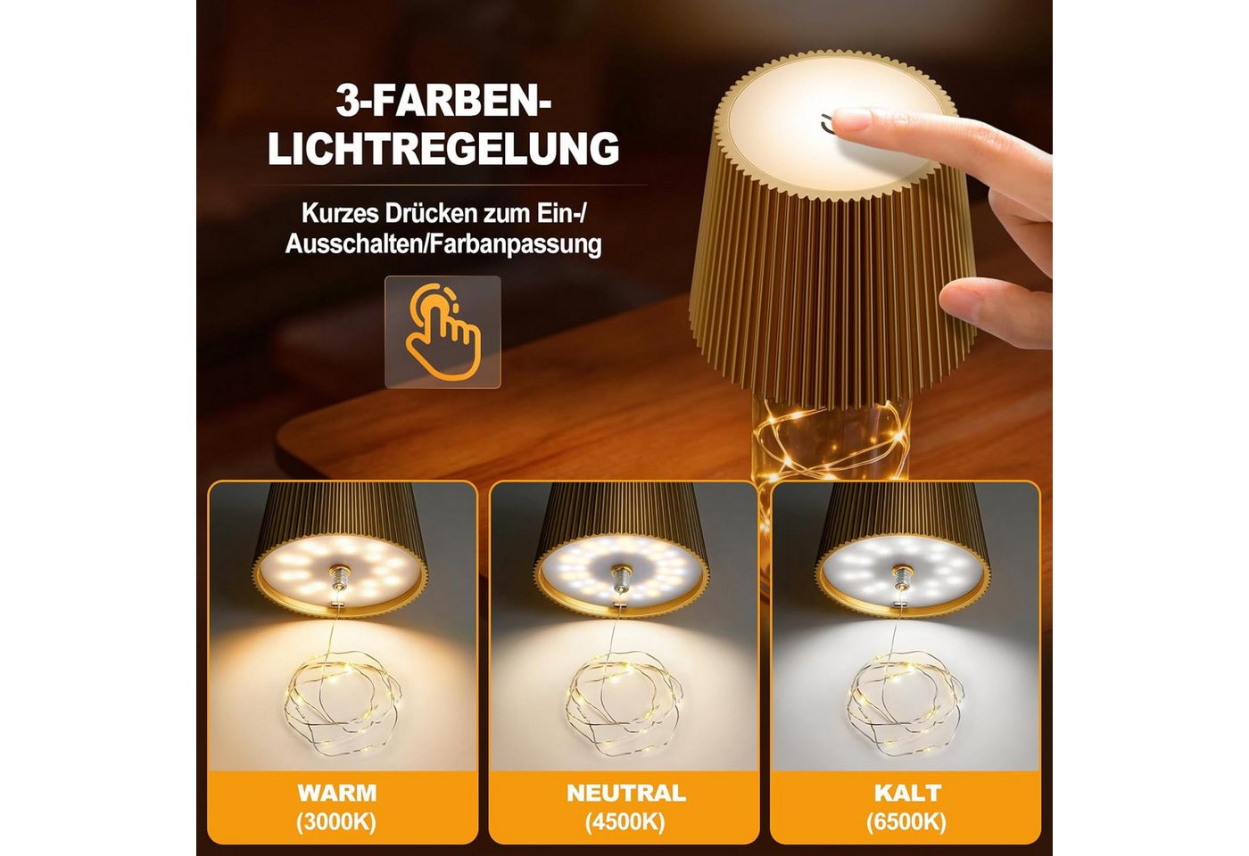 LaCute LED Dekoobjekt LED Flaschenlampe Akku Lichterkette USB-C Touch Dimmbar Gold, LED fest integriert, Kaltweiß (6000 K), Warmweiß (3000 K), Neutralweiß (4500 K), 3 Lichtfarben, dimmbar, USB-C Akku, 40 LEDs, Touchsteuerung Bild 5