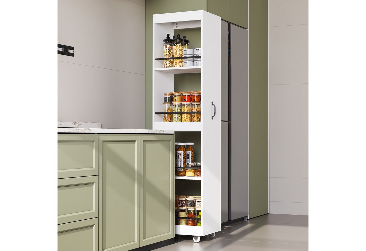 HAUSS SPOLE Bücherregal mit Rollen,Hochregal mit Metall-Schutzstangen,Highboard 40x30x160,Weiß, Schmales Hochregal Mehrzweckregal 40x30x160 cm für Wohnbereiche, Mobiles Standregal Aufbewahrungsregal mit Schutzstangen