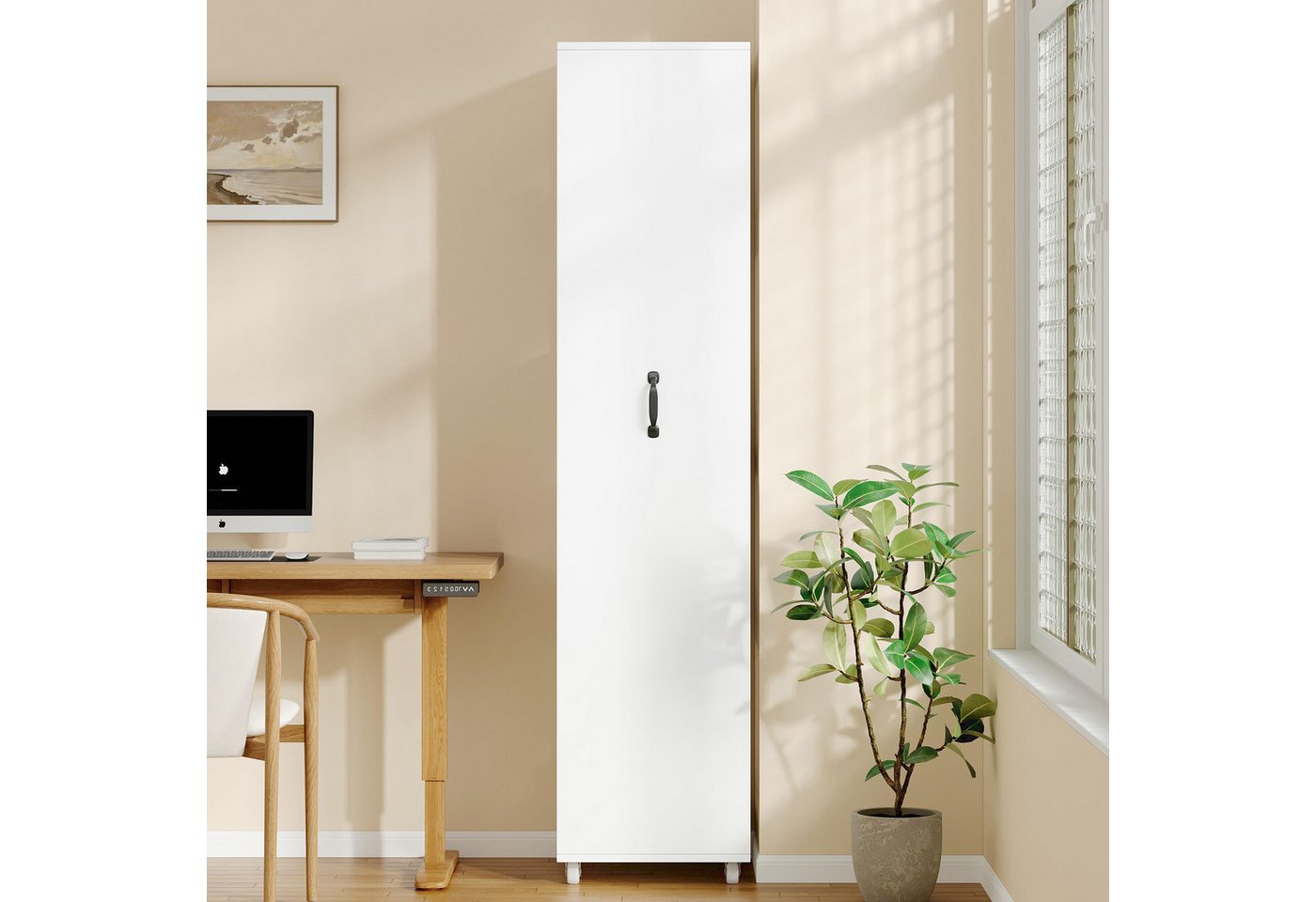 HAUSS SPOLE Bücherregal mit Rollen,Hochregal mit Metall-Schutzstangen,Highboard 40x30x160,Weiß, Schmales Hochregal Mehrzweckregal 40x30x160 cm für Wohnbereiche, Mobiles Standregal Aufbewahrungsregal mit Schutzstangen Bild 3