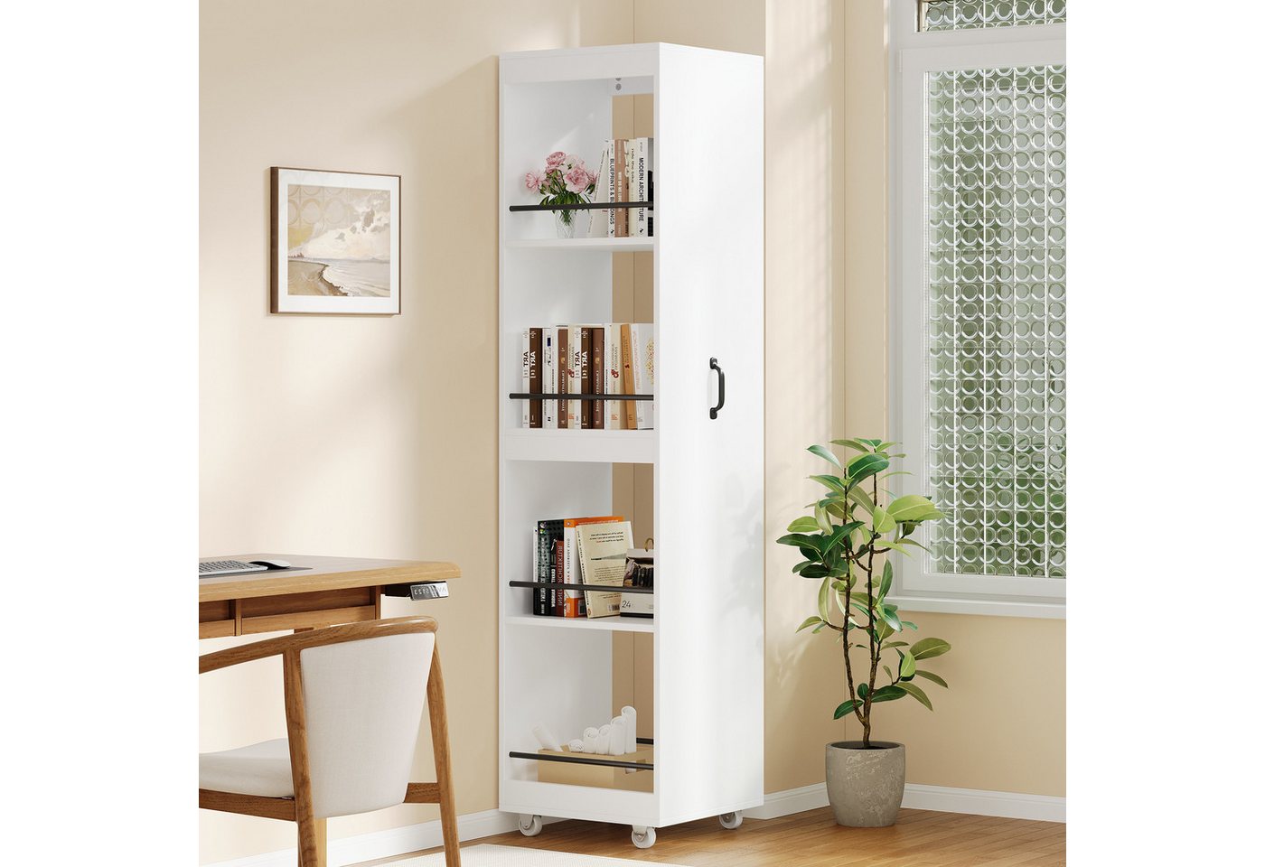 HAUSS SPOLE Bücherregal mit Rollen,Hochregal mit Metall-Schutzstangen,Highboard 40x30x160,Weiß, Schmales Hochregal Mehrzweckregal 40x30x160 cm für Wohnbereiche, Mobiles Standregal Aufbewahrungsregal mit Schutzstangen Bild 5