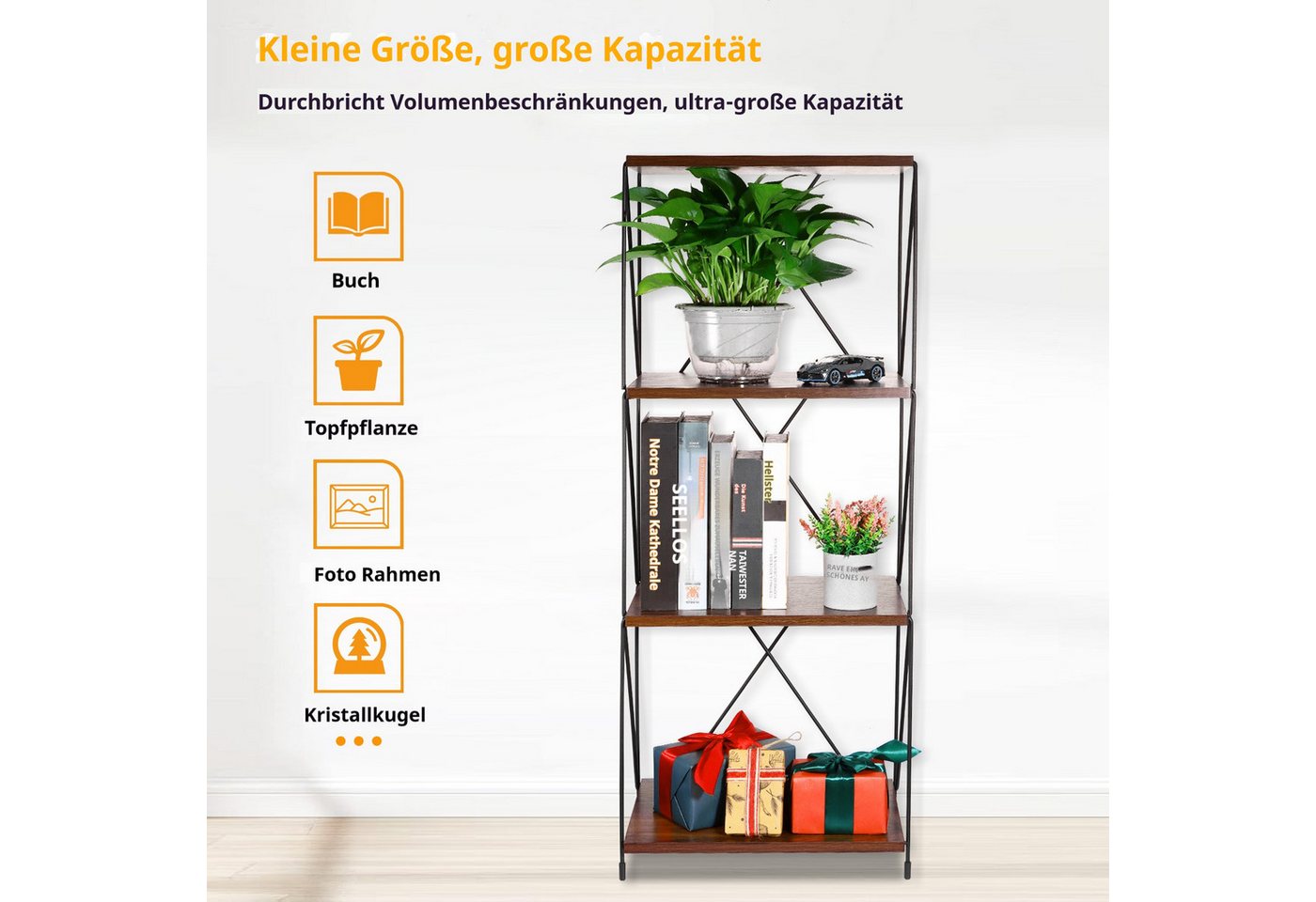 BlingBin Bücherregal 4-stufiges Vintage Standregal Mehrstufen-Aufbewahrungsregal, 1 Stück 1-tlg., freistehendes Regal aus Metall & Holz,für Schlafzimmer,Wohnzimmer,Büro