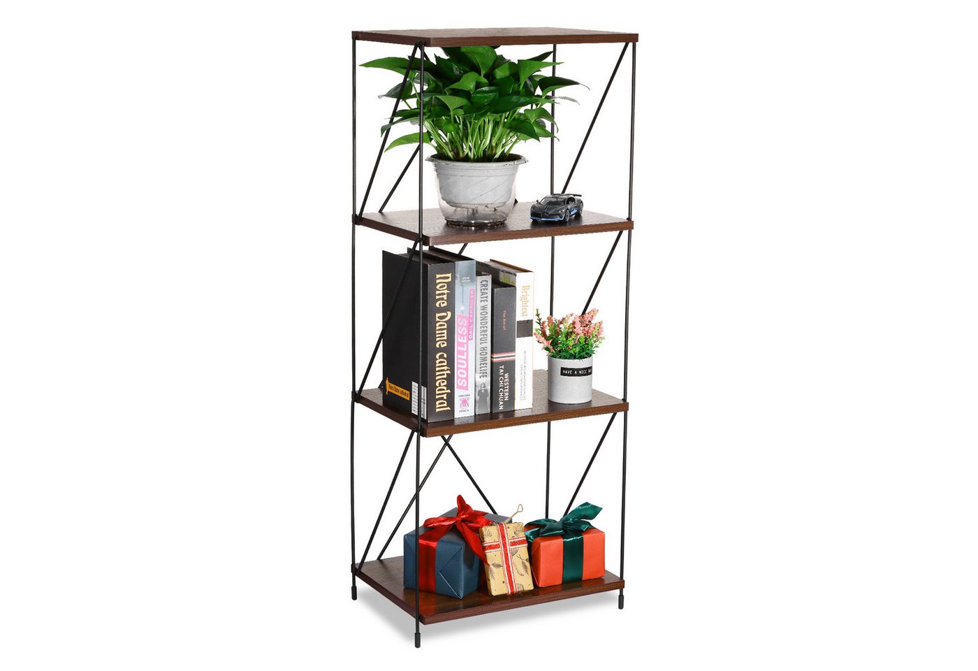 BlingBin Bücherregal 4-stufiges Vintage Standregal Mehrstufen-Aufbewahrungsregal, 1 Stück 1-tlg., freistehendes Regal aus Metall & Holz,für Schlafzimmer,Wohnzimmer,Büro Bild 2