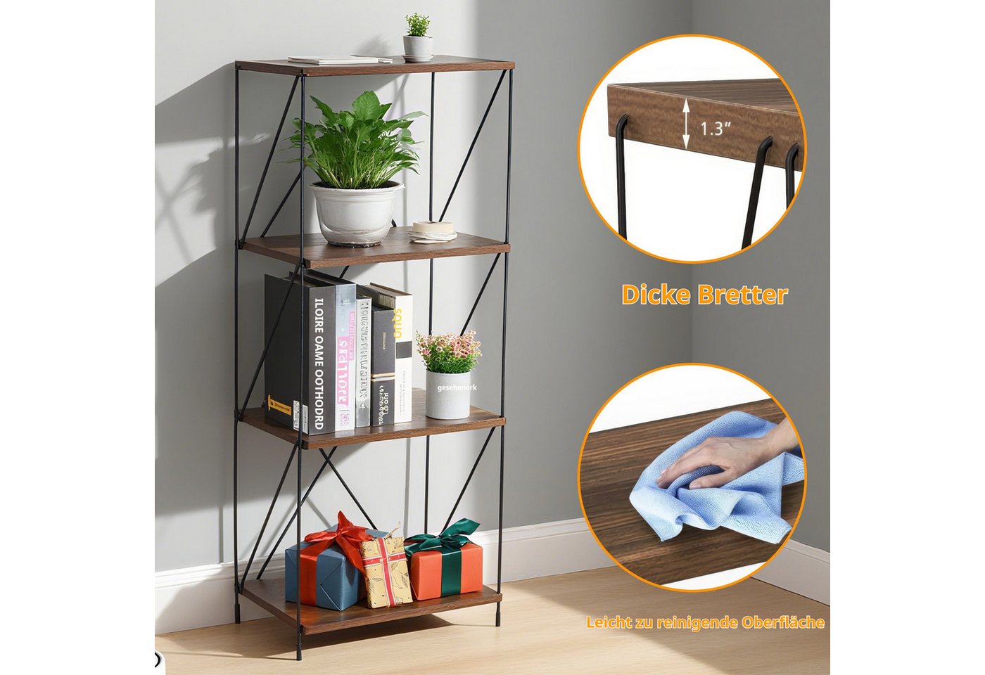 BlingBin Bücherregal 4-stufiges Vintage Standregal Mehrstufen-Aufbewahrungsregal, 1 Stück 1-tlg., freistehendes Regal aus Metall & Holz,für Schlafzimmer,Wohnzimmer,Büro Bild 3