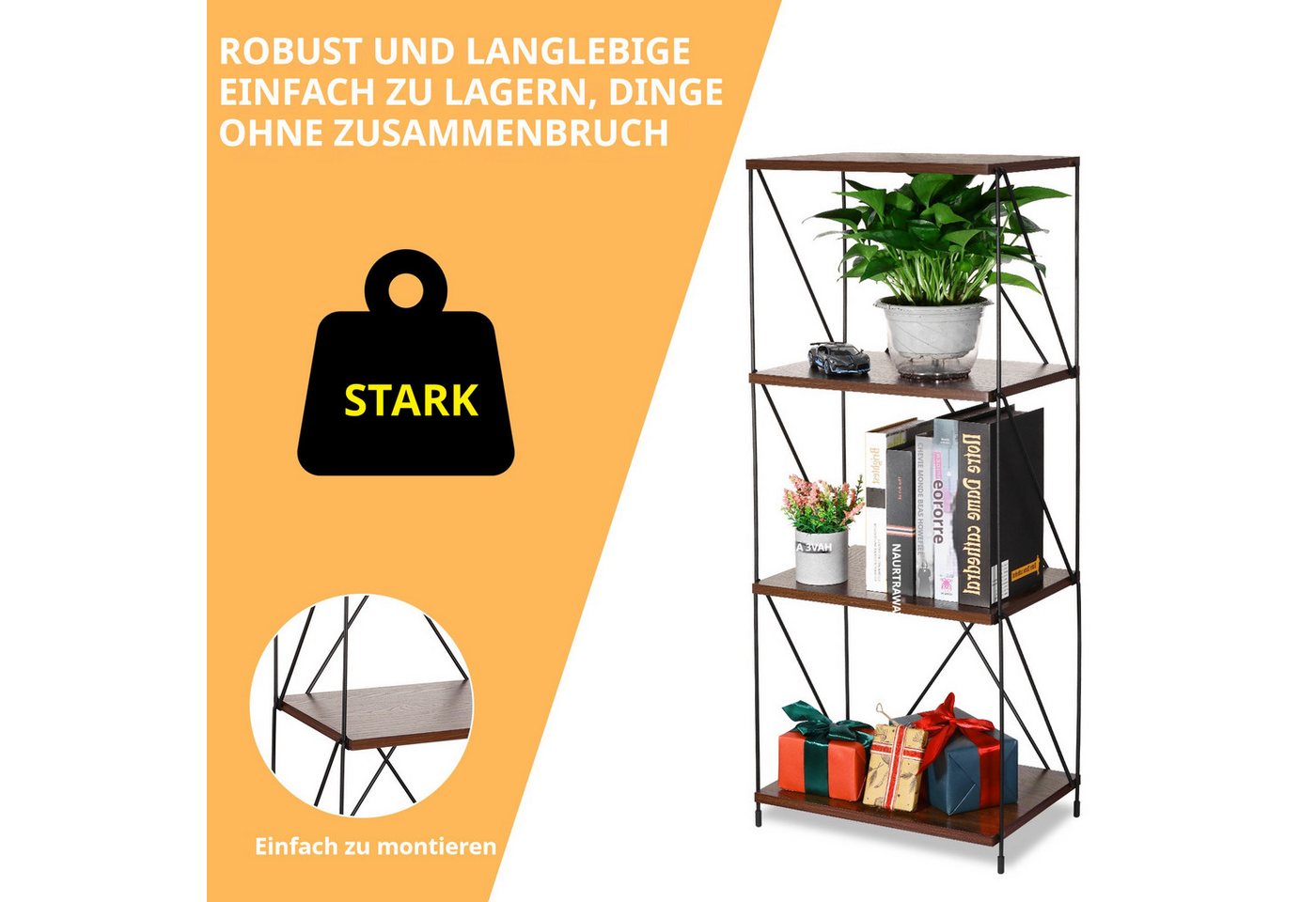 BlingBin Bücherregal 4-stufiges Vintage Standregal Mehrstufen-Aufbewahrungsregal, 1 Stück 1-tlg., freistehendes Regal aus Metall & Holz,für Schlafzimmer,Wohnzimmer,Büro Bild 4