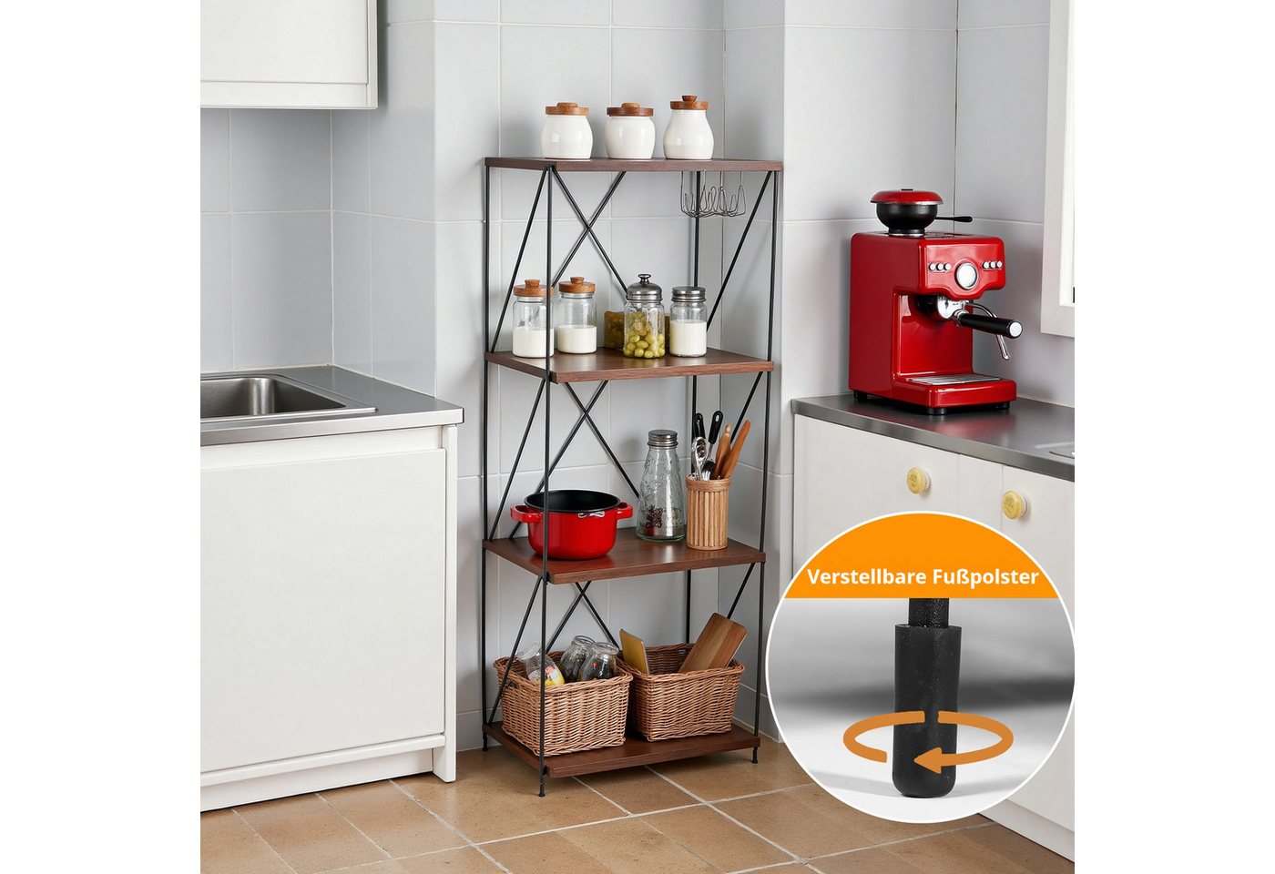 BlingBin Bücherregal 4-stufiges Vintage Standregal Mehrstufen-Aufbewahrungsregal, 1 Stück 1-tlg., freistehendes Regal aus Metall & Holz,für Schlafzimmer,Wohnzimmer,Büro Bild 5