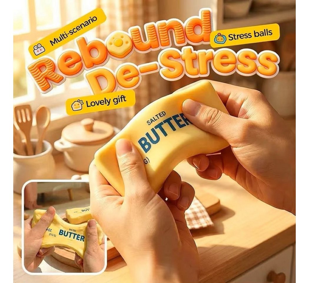 OLi Therapieknete Squishy Butter – Weiche dehnbare Knetmasse (113 G) (weicher Slow Rising Squishy im lustigen Butter-Design, 1-tlg., L-13,3cm / B-3,5cm), Anti-Stress, Spielspaß für Kinder & Erwachsene Bild 5