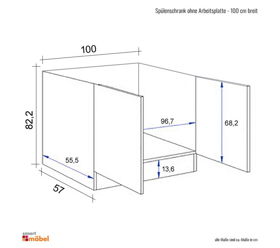 Flex-Well Spülenunterschrank Spülenunterschrank ohne Arbeitsplatte - 100 cm breit - Hochglanz Weiß Bild 2
