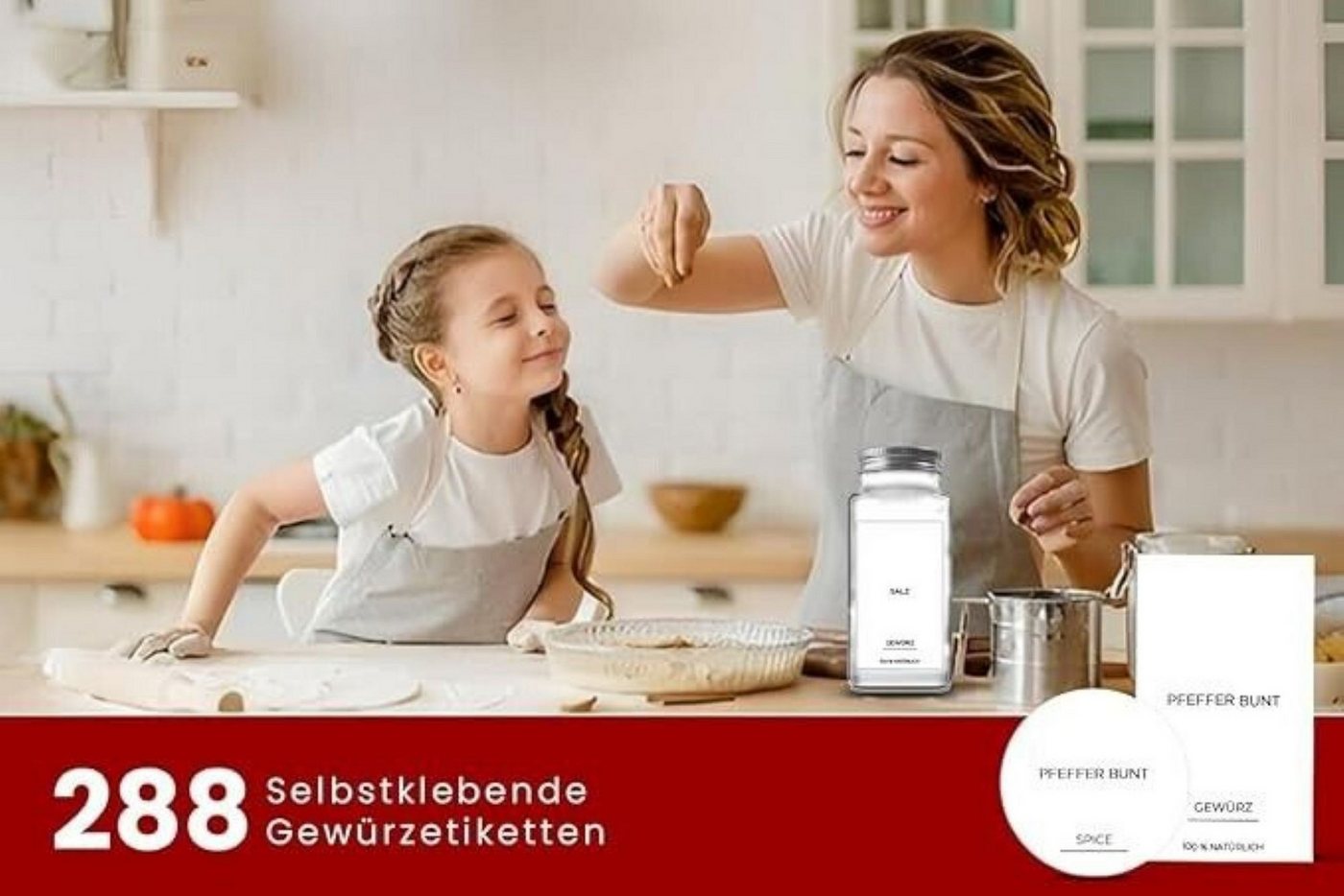 Montegoni Etiketten 288 Stück selbstklebend, Gewürzaufkleber rund und rechteckig, Wasserfest Vorratsetiketten (Weiß) Gewürzgläser Etiketten Bild 4