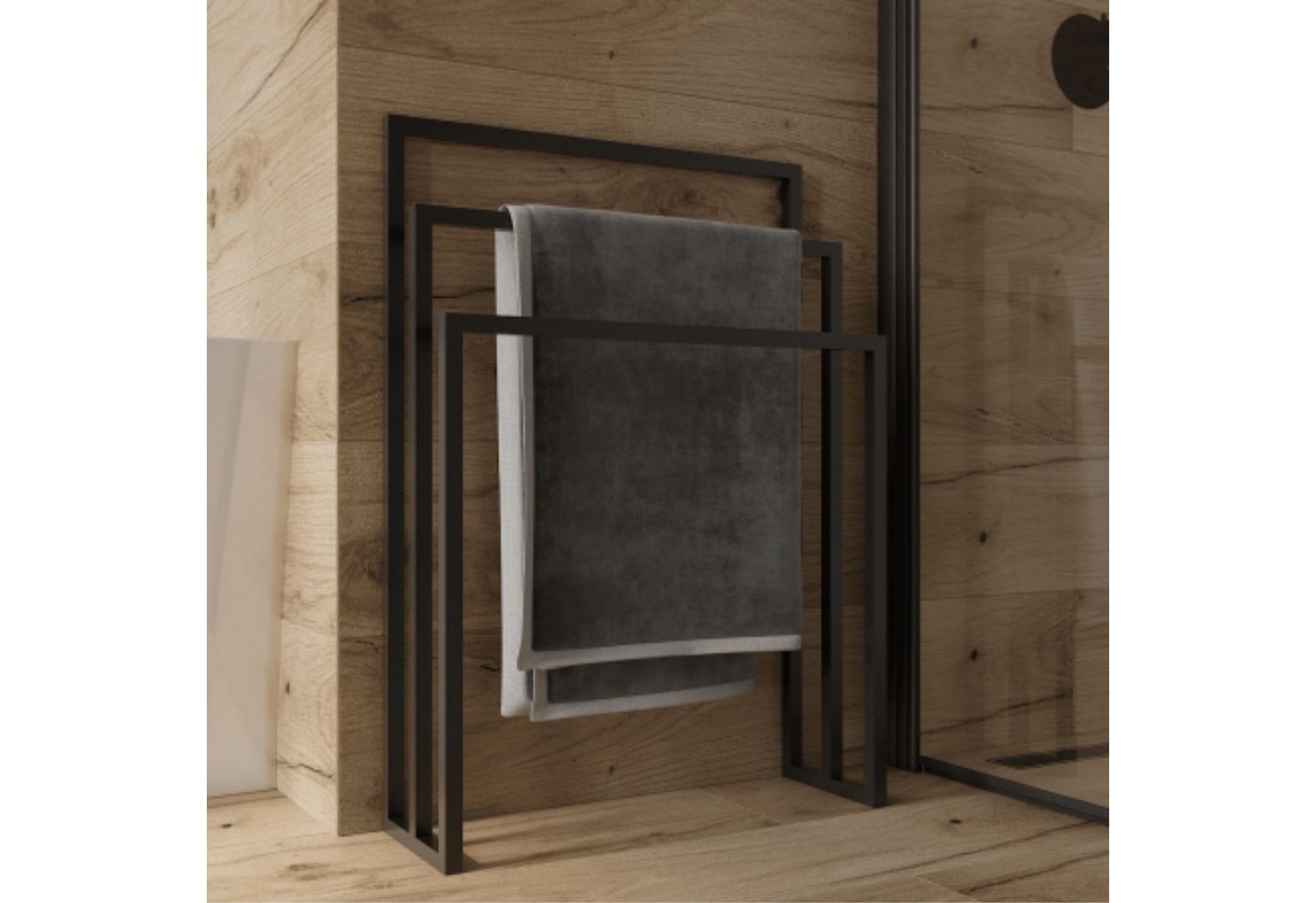 Handtuchhalter Handtuchständer SERAM freistehend (850×600×200 mm) matt, schwarz, zum schnellen Aufhängen von Dusch- und Handtüchern wenig Platzbedarf