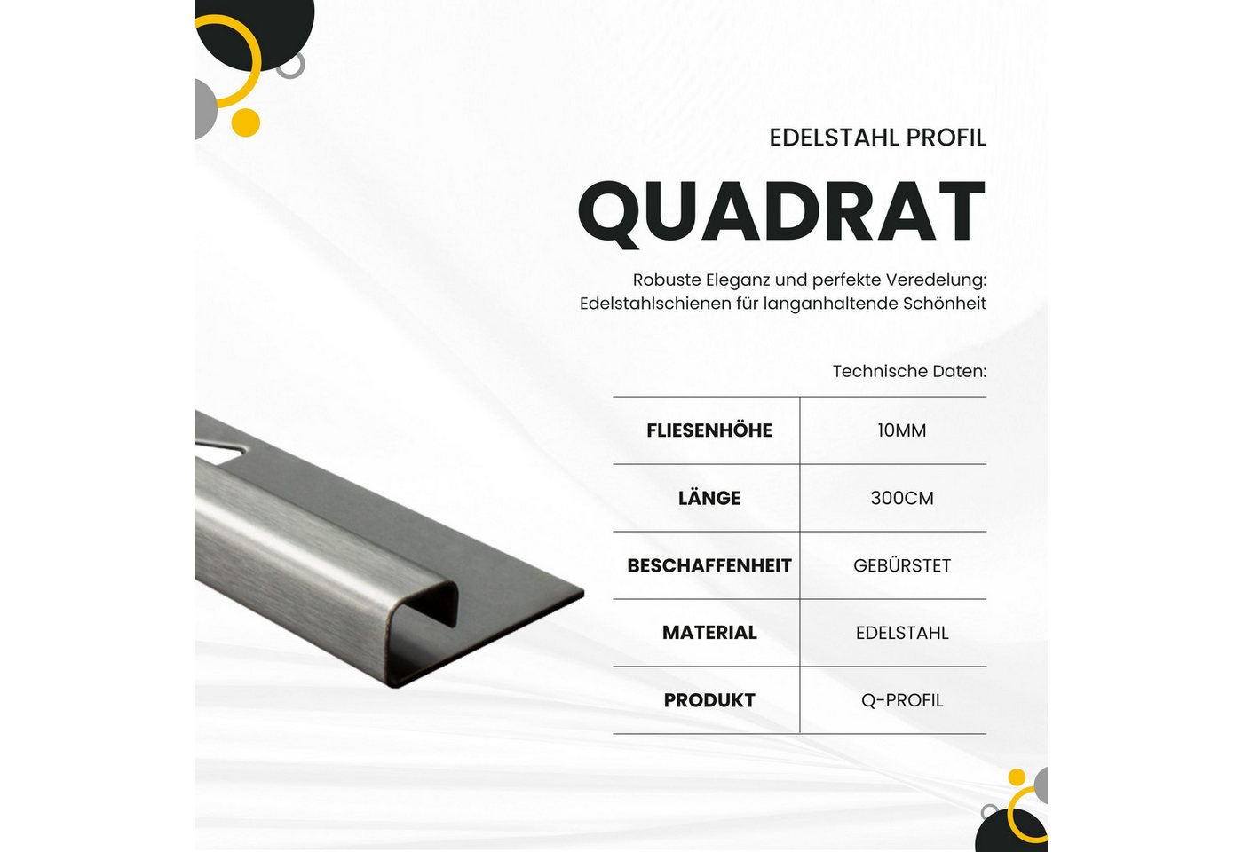 tktrading24 Abschlussprofil Quadrat Edelstahlprofil Fliesenschiene Edelstahl V2A L300cm H10-11mm, 10 mm silber gebürstet Bild 5