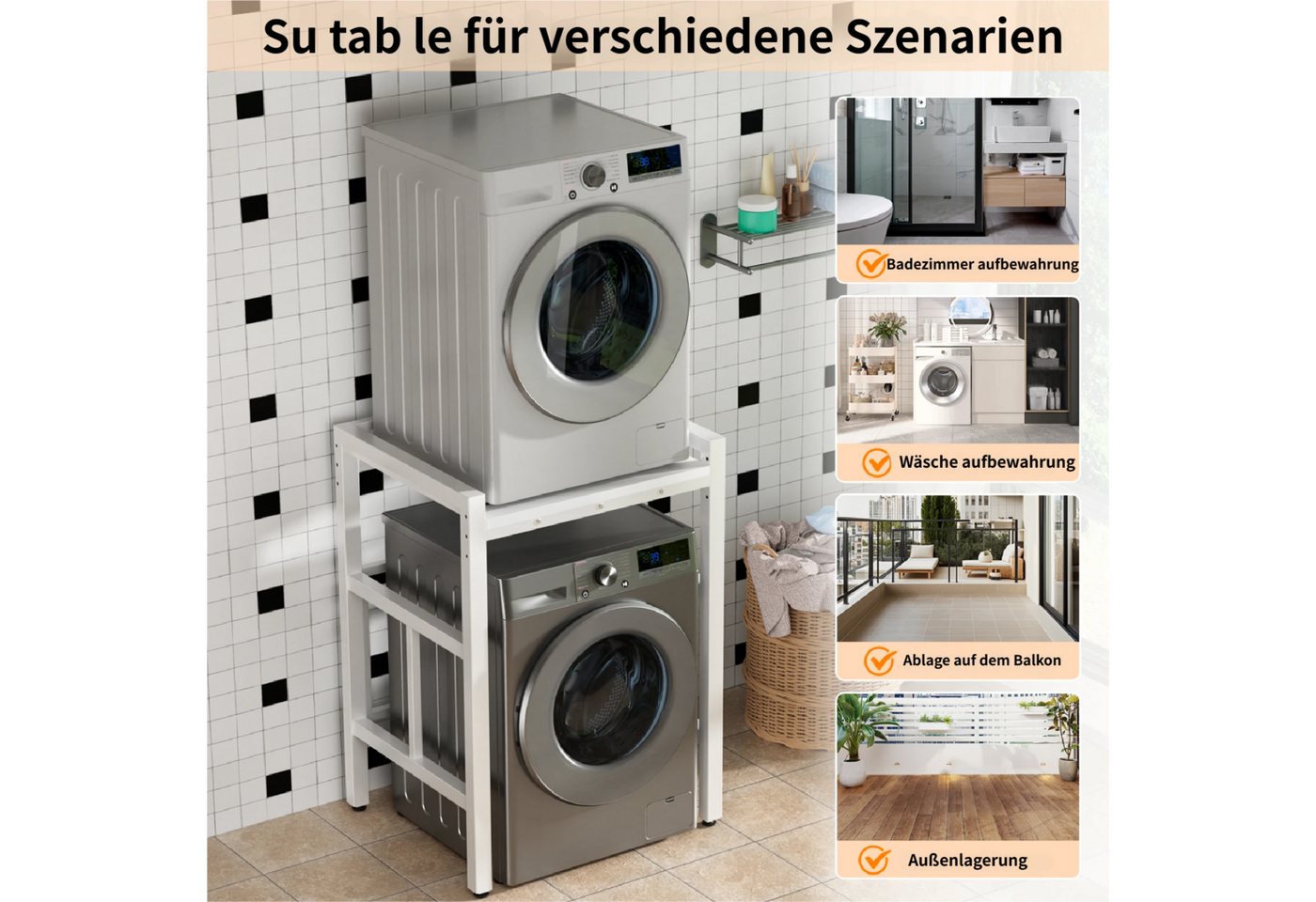 Rutaqian Waschmaschinenunterschrank für Waschmaschine & Wäschetrockner,bis 250kg, 73x63x105cm Weiß Höhenverstellbar Wäschetrocknerständer Regal über Waschmaschine