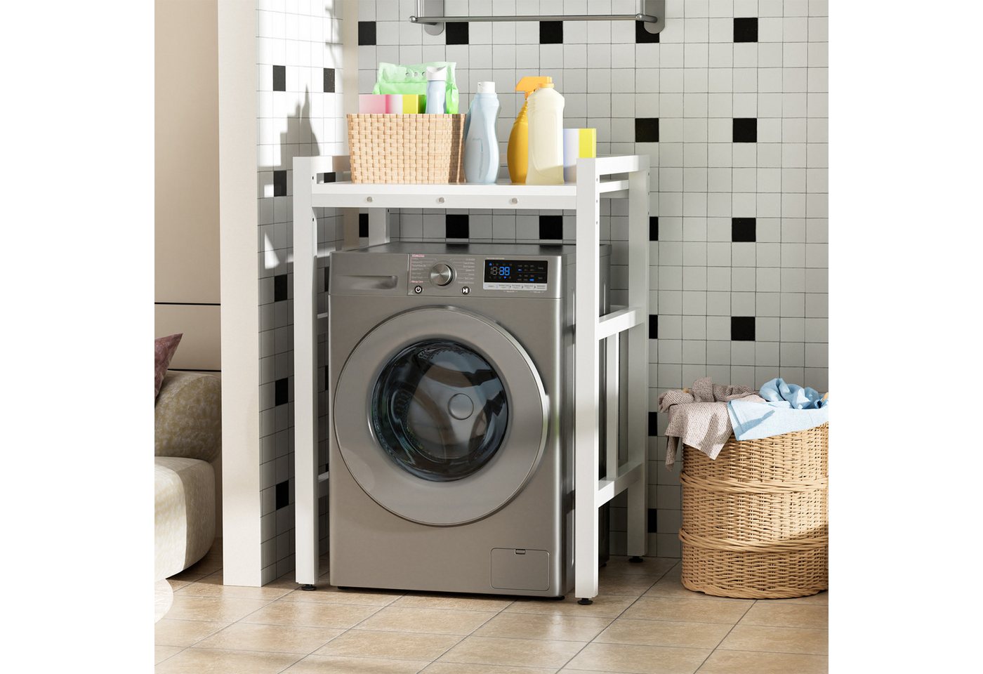 Rutaqian Waschmaschinenunterschrank für Waschmaschine & Wäschetrockner,bis 250kg, 73x63x105cm Weiß Höhenverstellbar Wäschetrocknerständer Regal über Waschmaschine Bild 4
